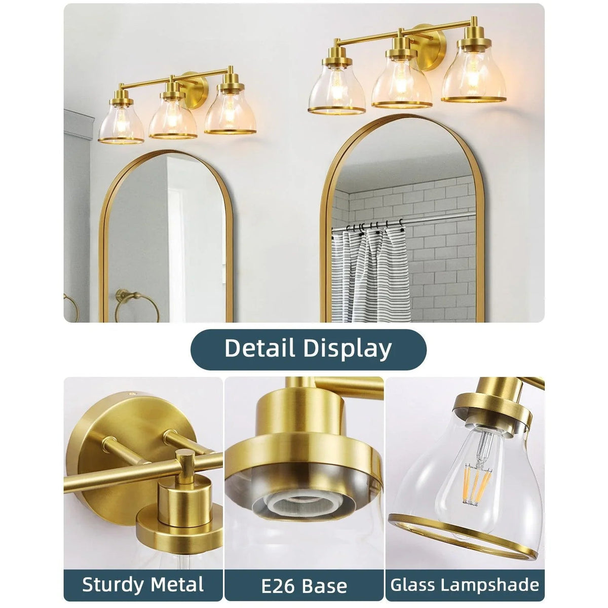 Golden 3-light bathroom vanity light with arched backplate and clear glass shades
