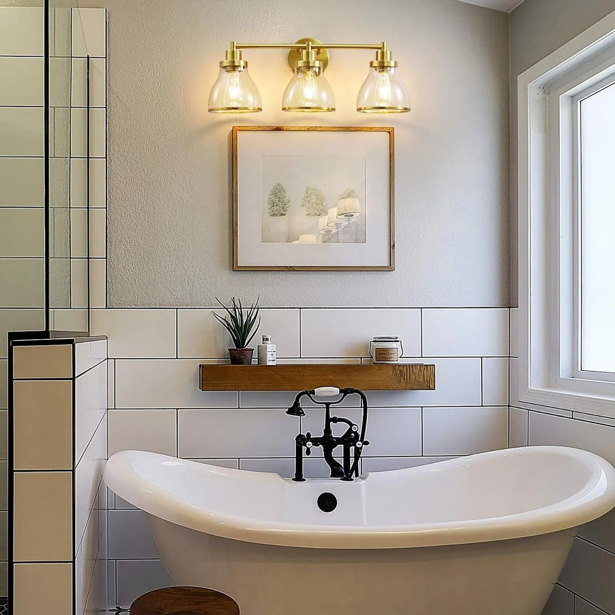 Golden 3-light modern bathroom vanity light with clear glass shades and wall mount
