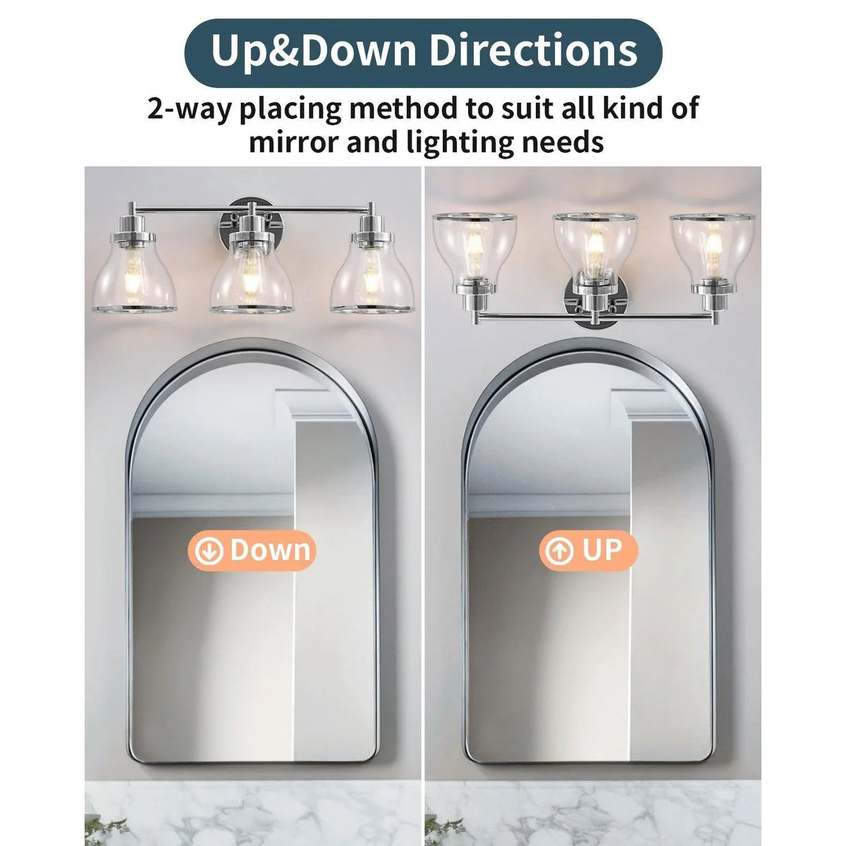 Silver 3-light bathroom vanity light with three clear glass shades