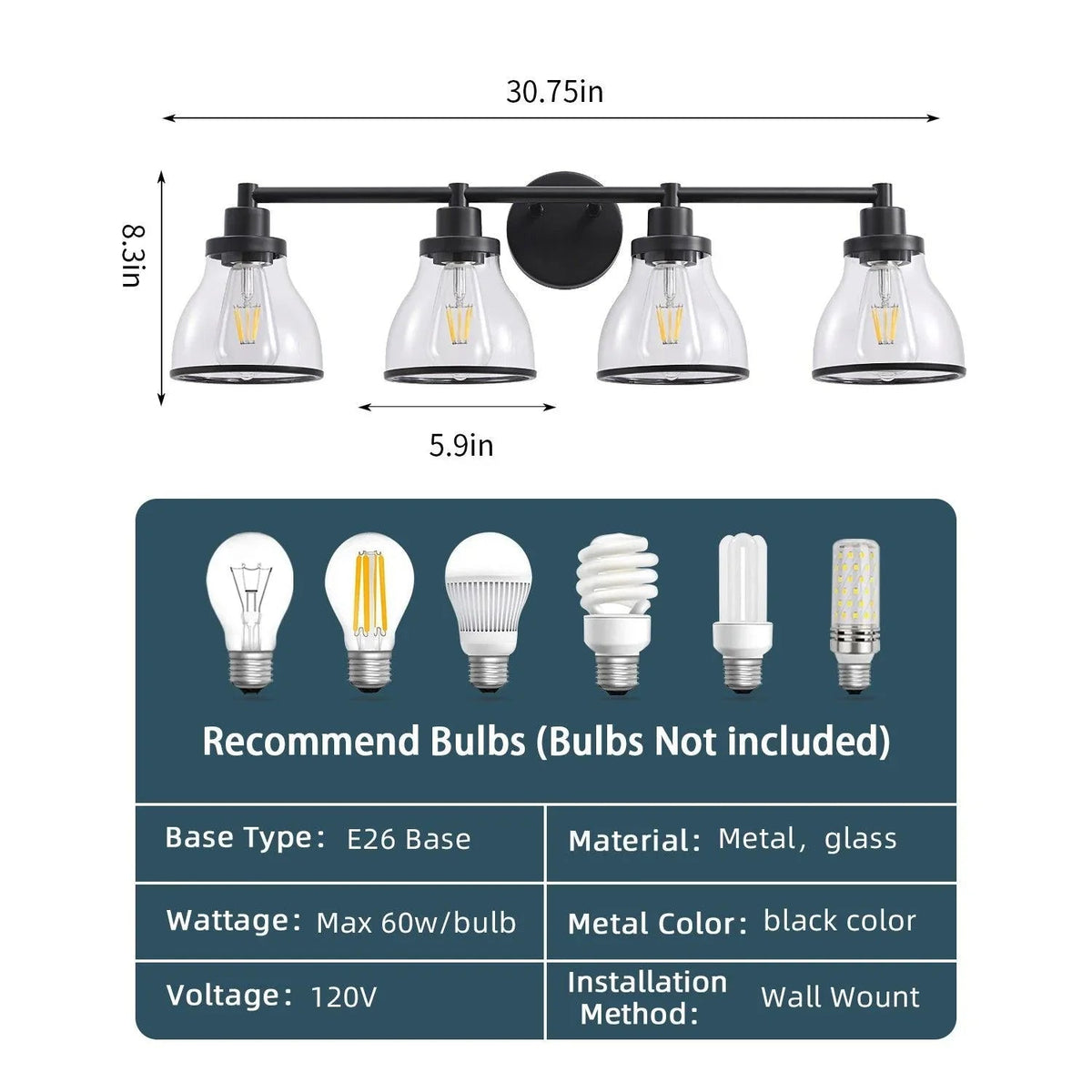 Black 4-light vanity light with clear glass shades; 30.75 in length shown