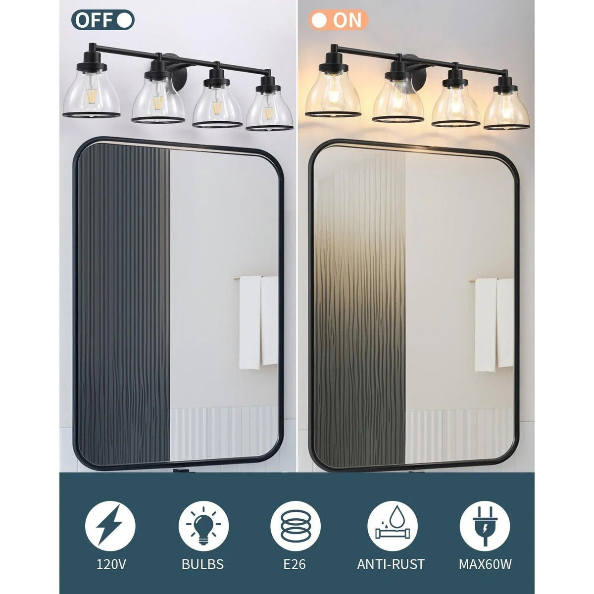 Black 4-light vanity light with clear glass shades and up-and-down wall mounting