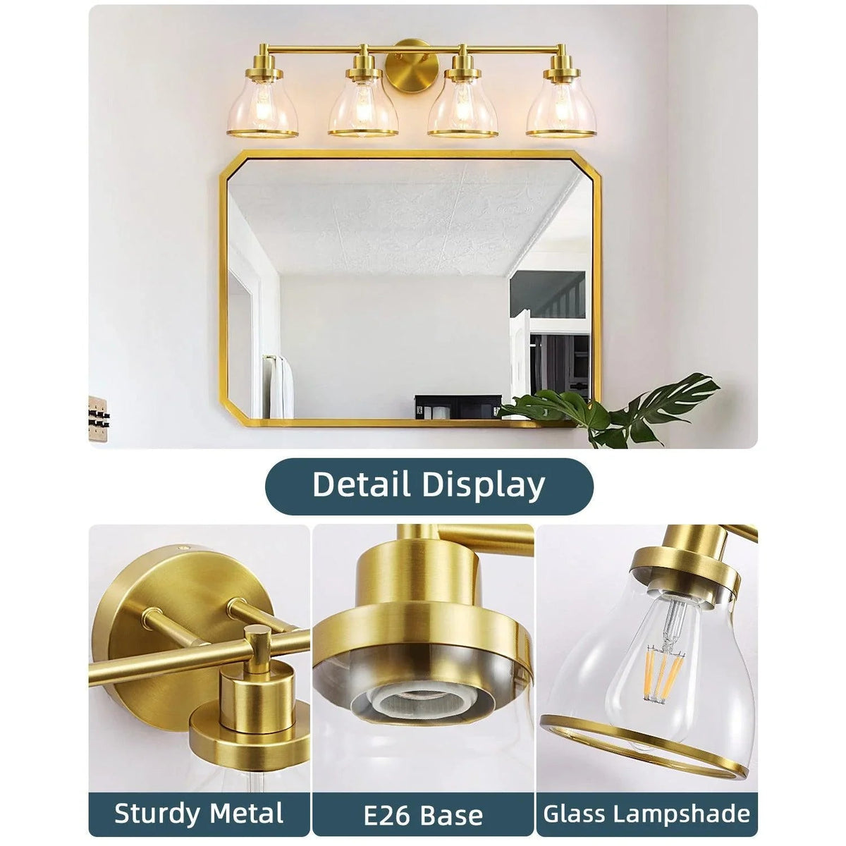 Parrot Uncle Hermosa modern 4-light vanity light, gold finish; close-up of glass shades and mount