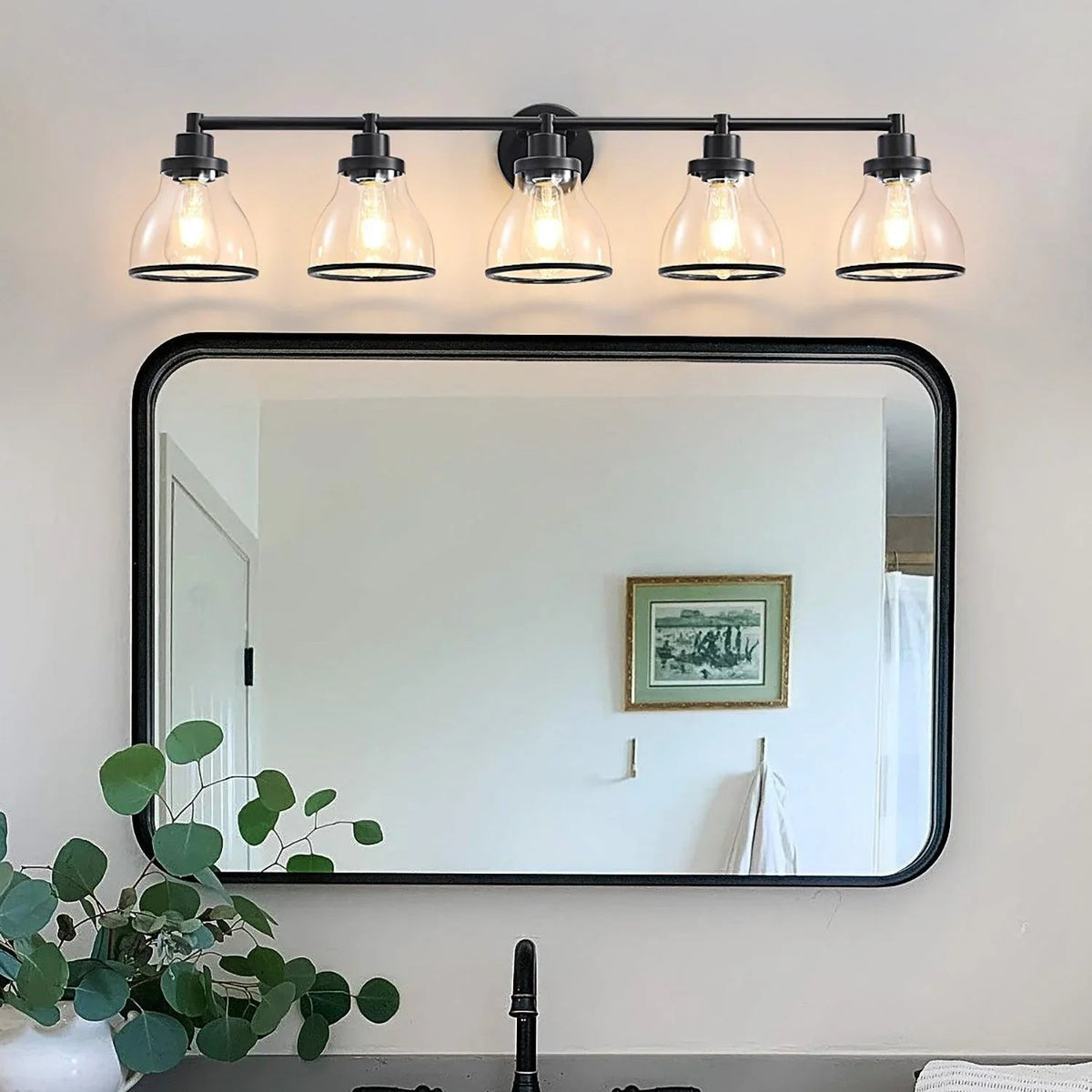Black 5-light vanity light with clear glass dome shades over a large mirror