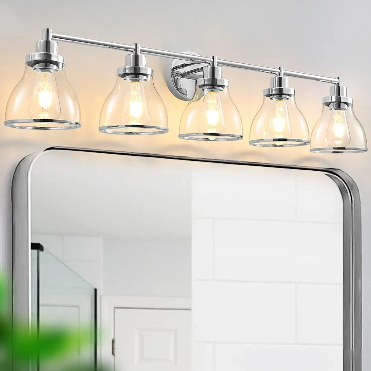 Polished nickel 5-light vanity light with clear glass dome shades