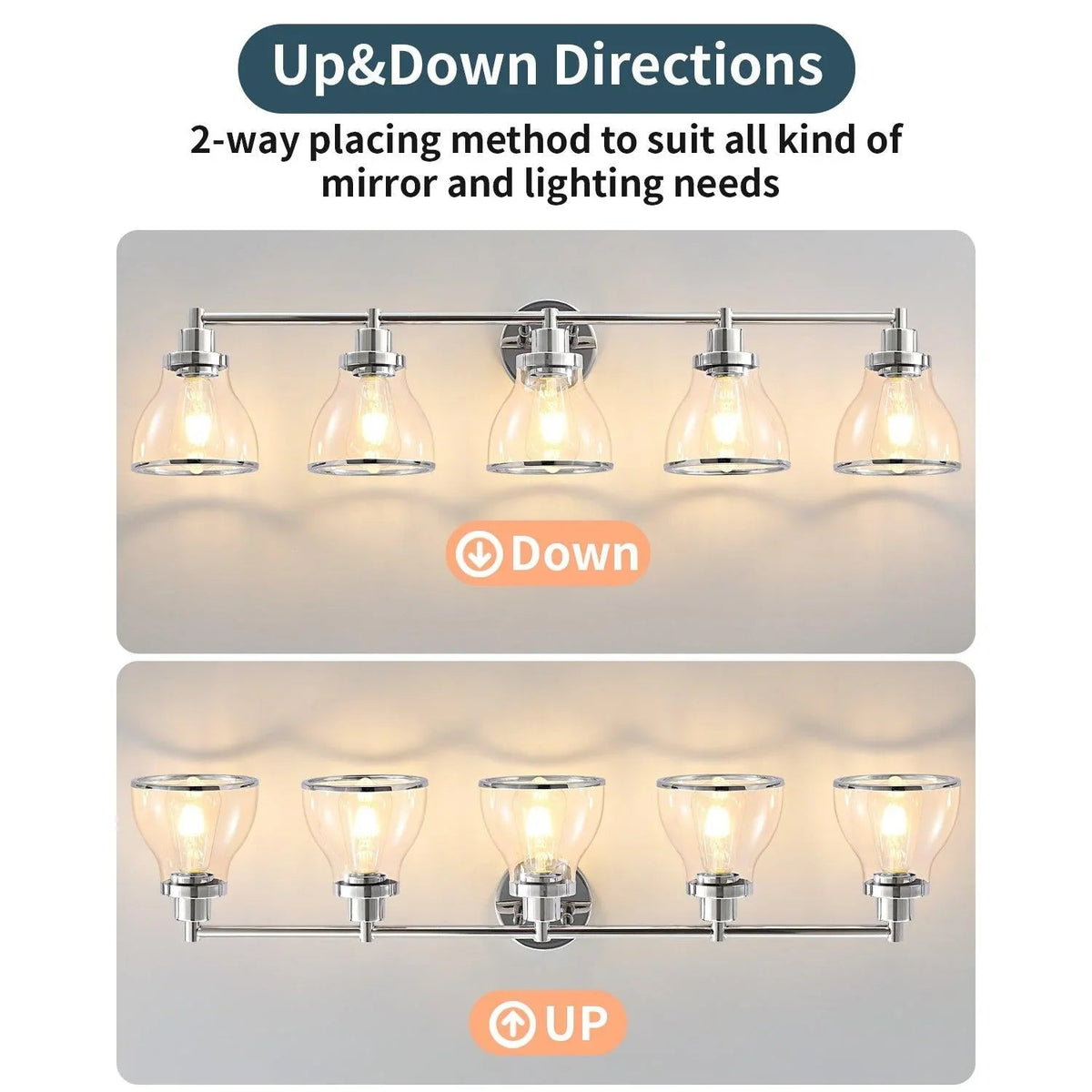 5-light vanity light fixture with clear glass shades and polished nickel mounting bar