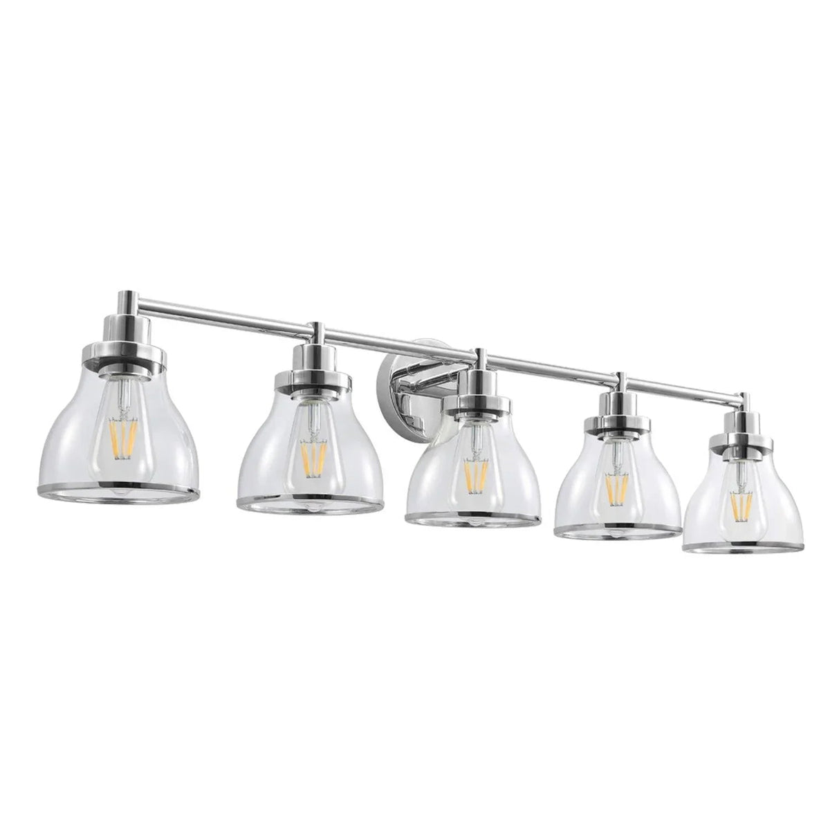 5-light bathroom vanity light with polished nickel bar and clear glass bell shades