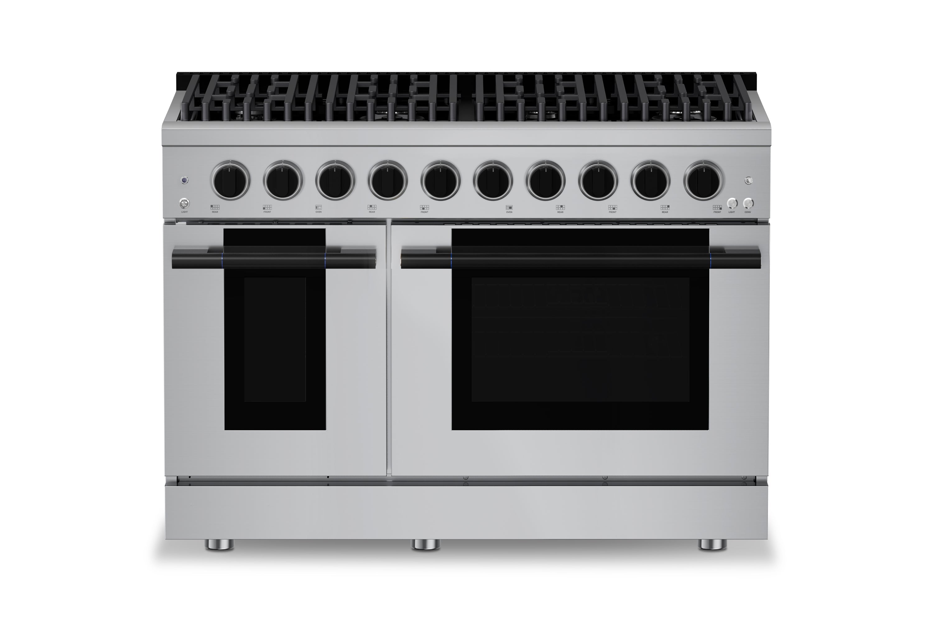 Stainless steel gas range with 8 burners, two black ovens, and front control knobs