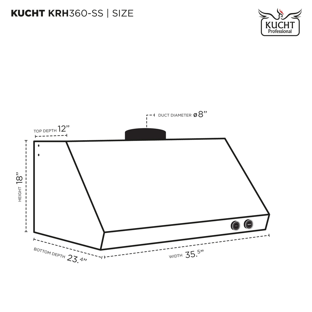 Stainless steel under-cabinet range hood with duct outlet, labeled Kucht