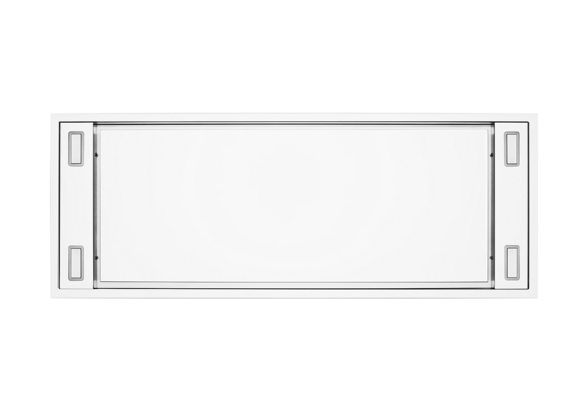 White flush ceiling range hood with rectangular frame and side vent openings
