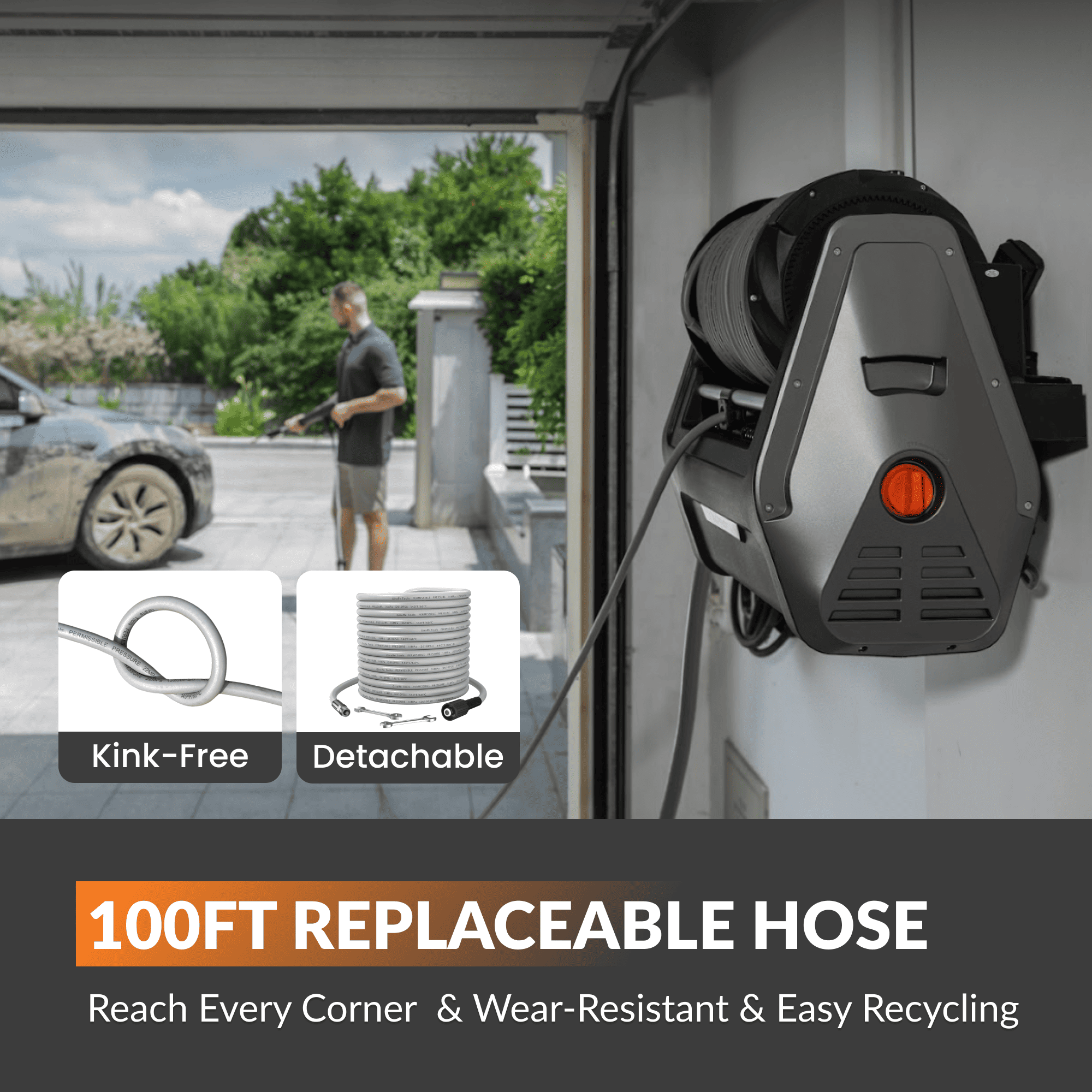 Wall-mounted pressure washer with dark gray housing, orange knob, and coiled retractable hose
