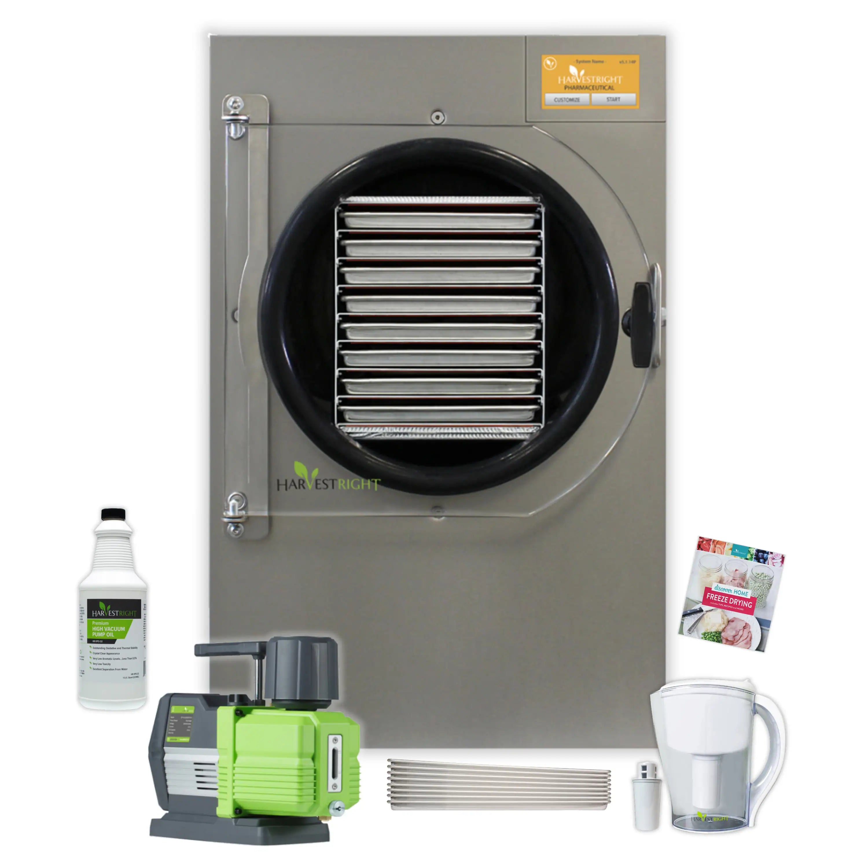 Harvest Right freeze dryer with accessories including pump, jars, and measuring cup
