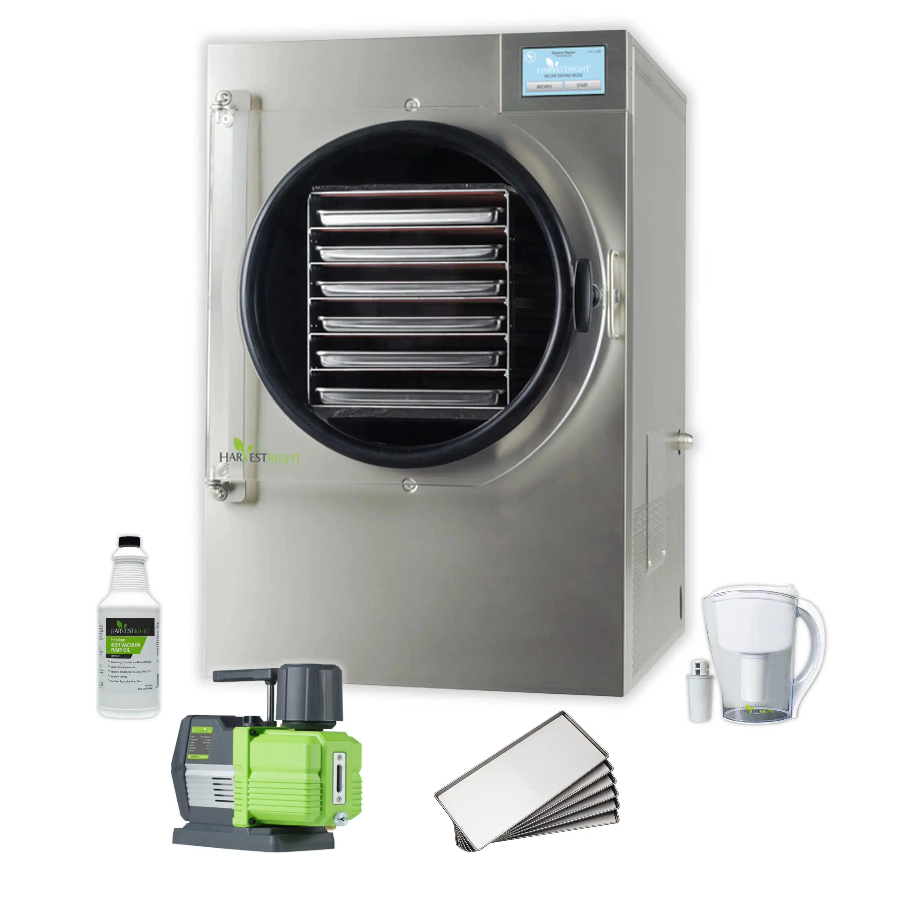 Stainless steel freeze dryer with included pump, accessories, and drying trays