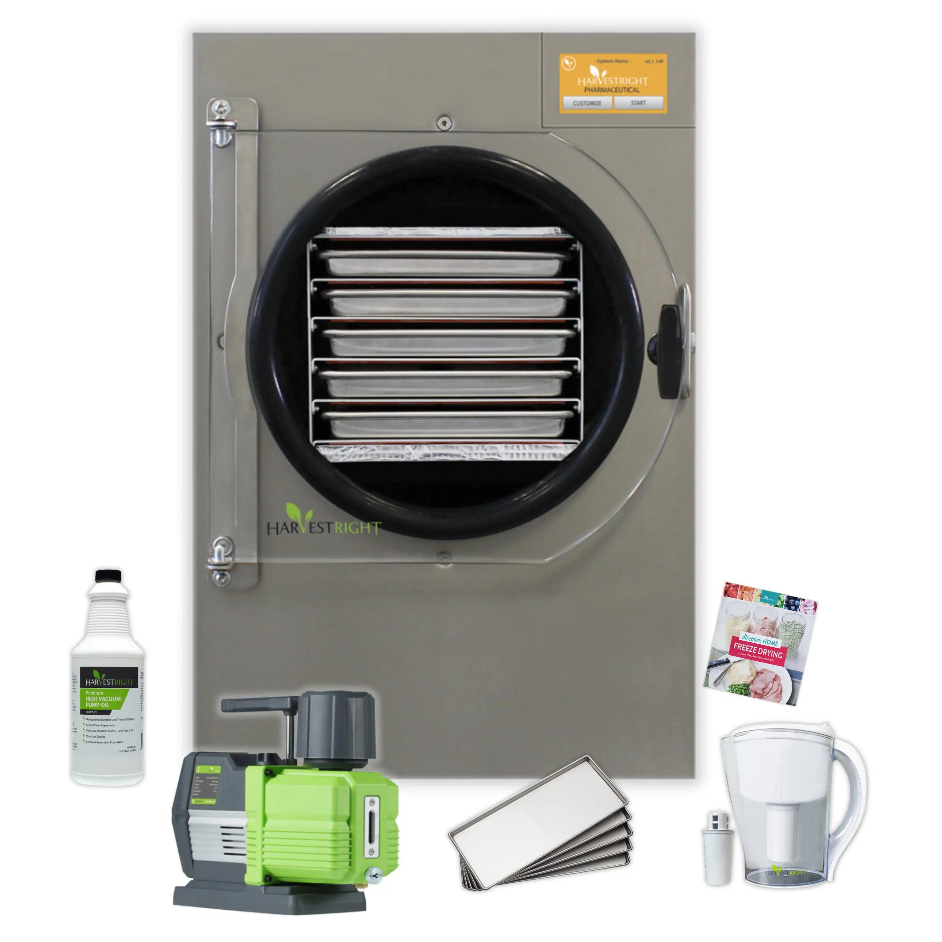 Pharmaceutical freeze dryer with vacuum pump, tray racks, and accessories including bottle and bucket