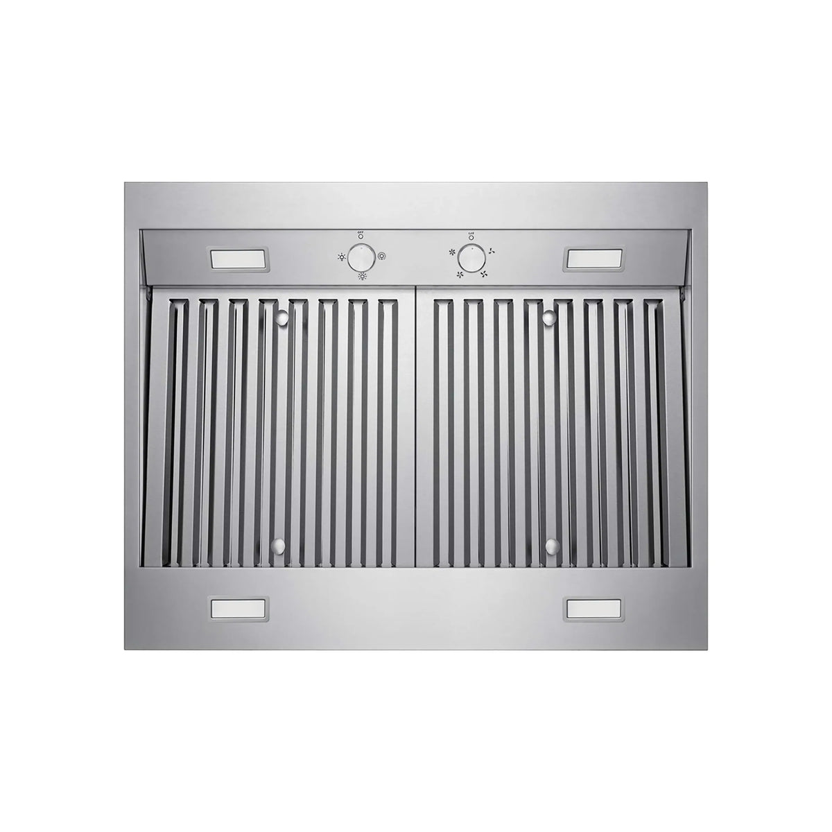 Stainless steel under-cabinet range hood with vented grille and control panel