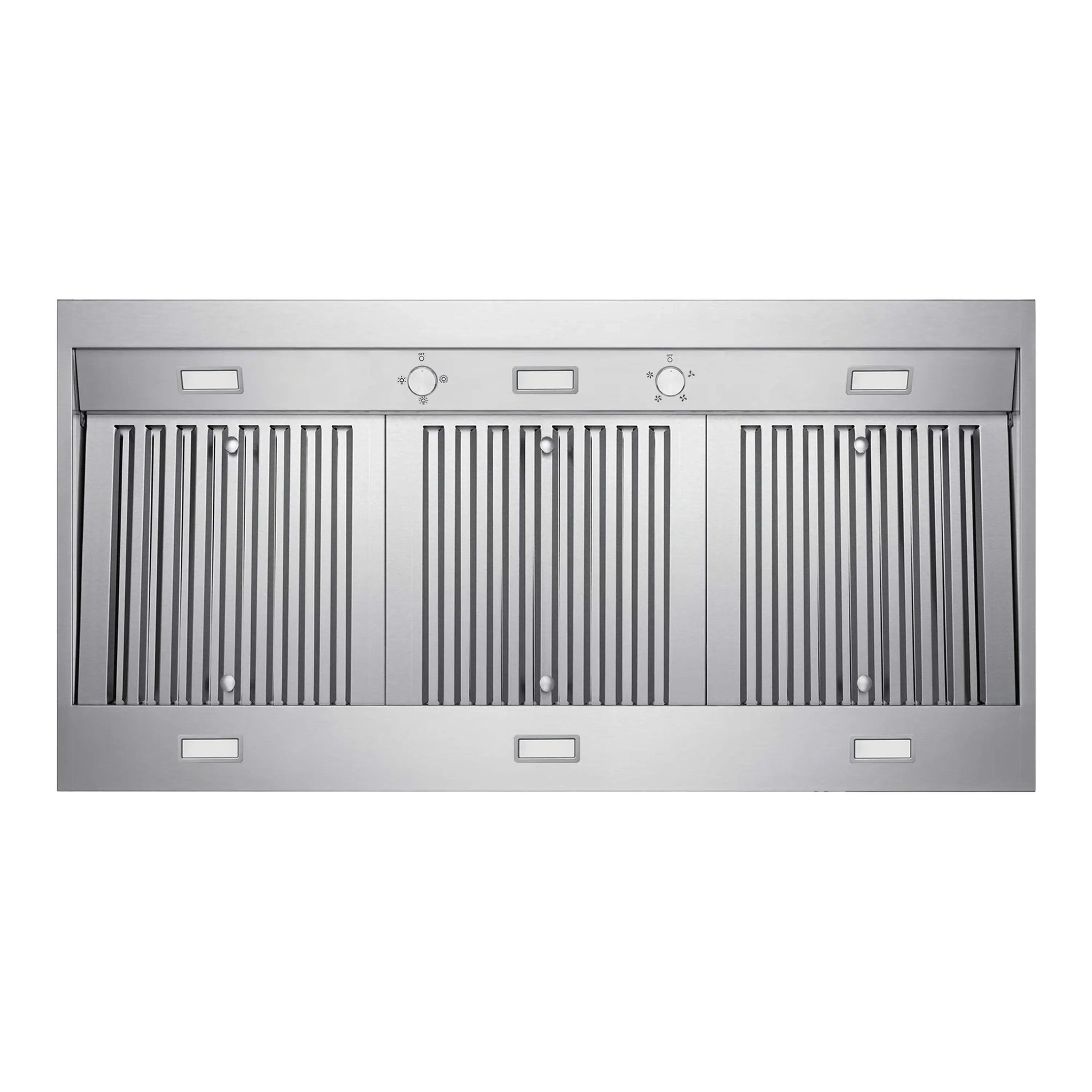 Stainless range hood underside with baffle filter rows and control knobs