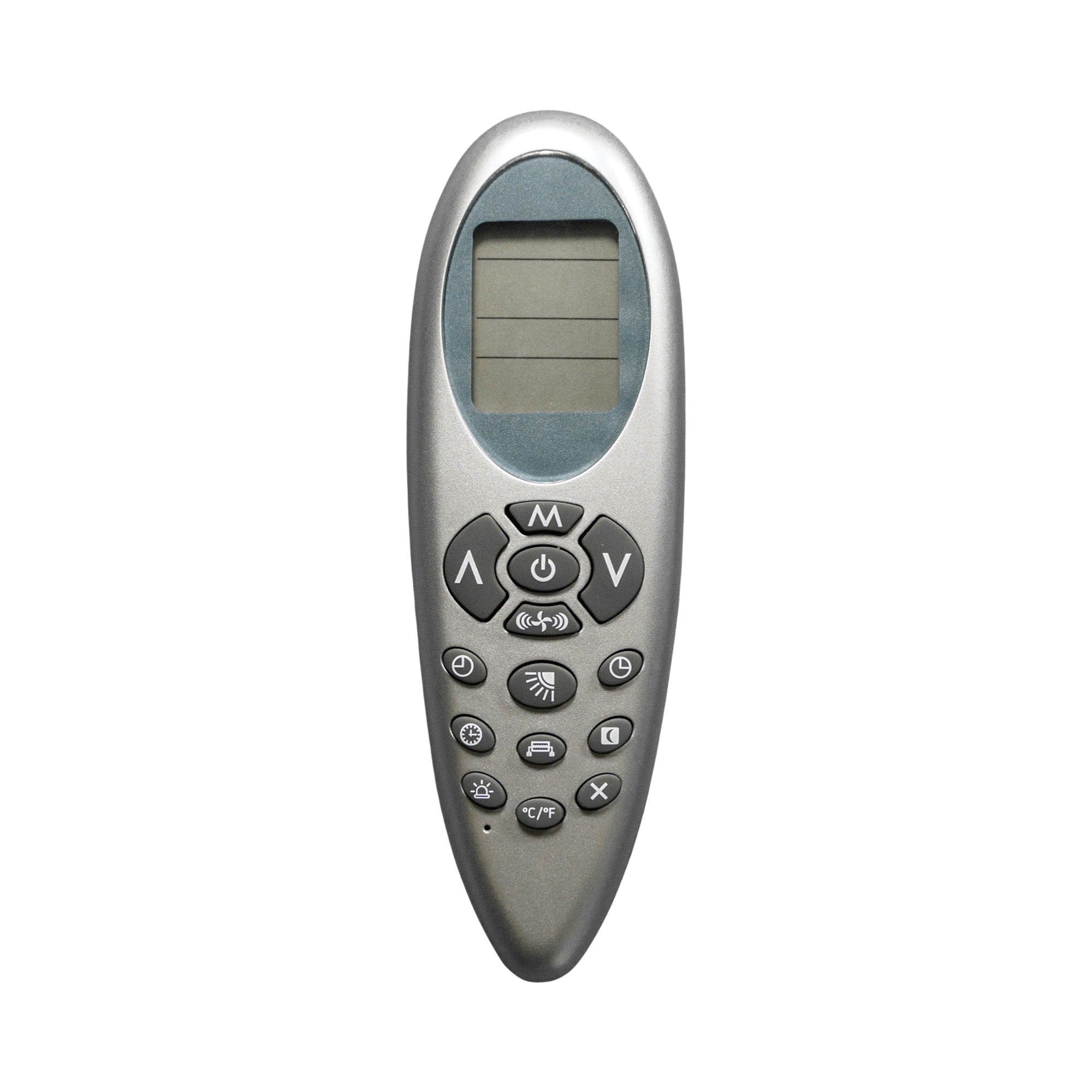 Silver handheld remote control with button keypad for RV inverter heat pump