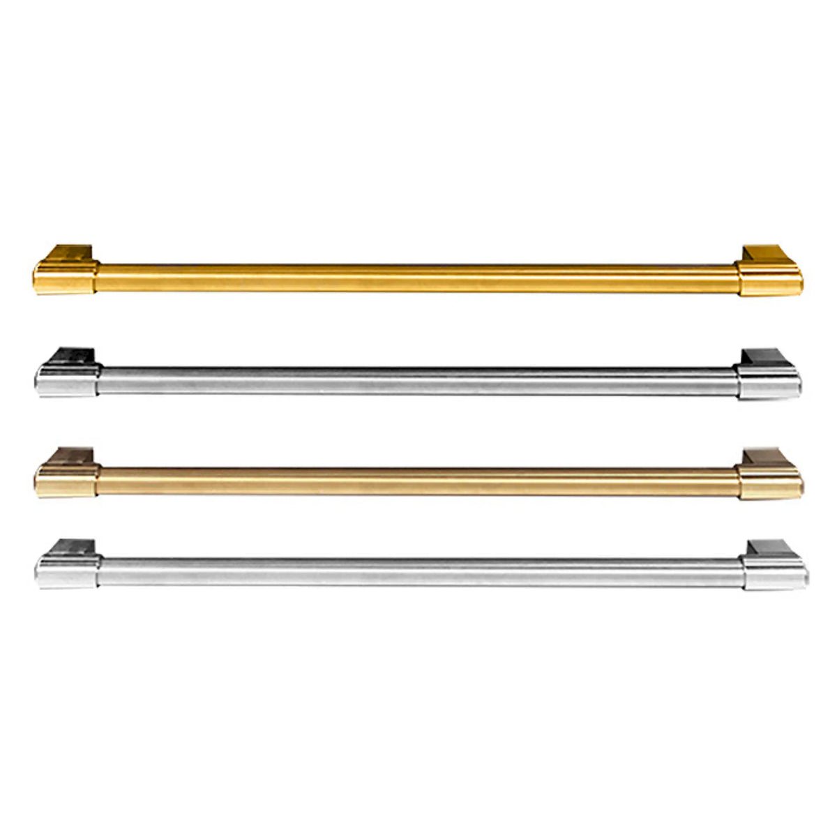 Dishwasher handle kit bar in chrome satin with end caps; plus gold handle shown