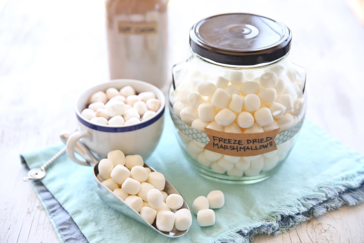 Glass jars of freeze-dried marshmallows with a bowl of white marshmallow pieces