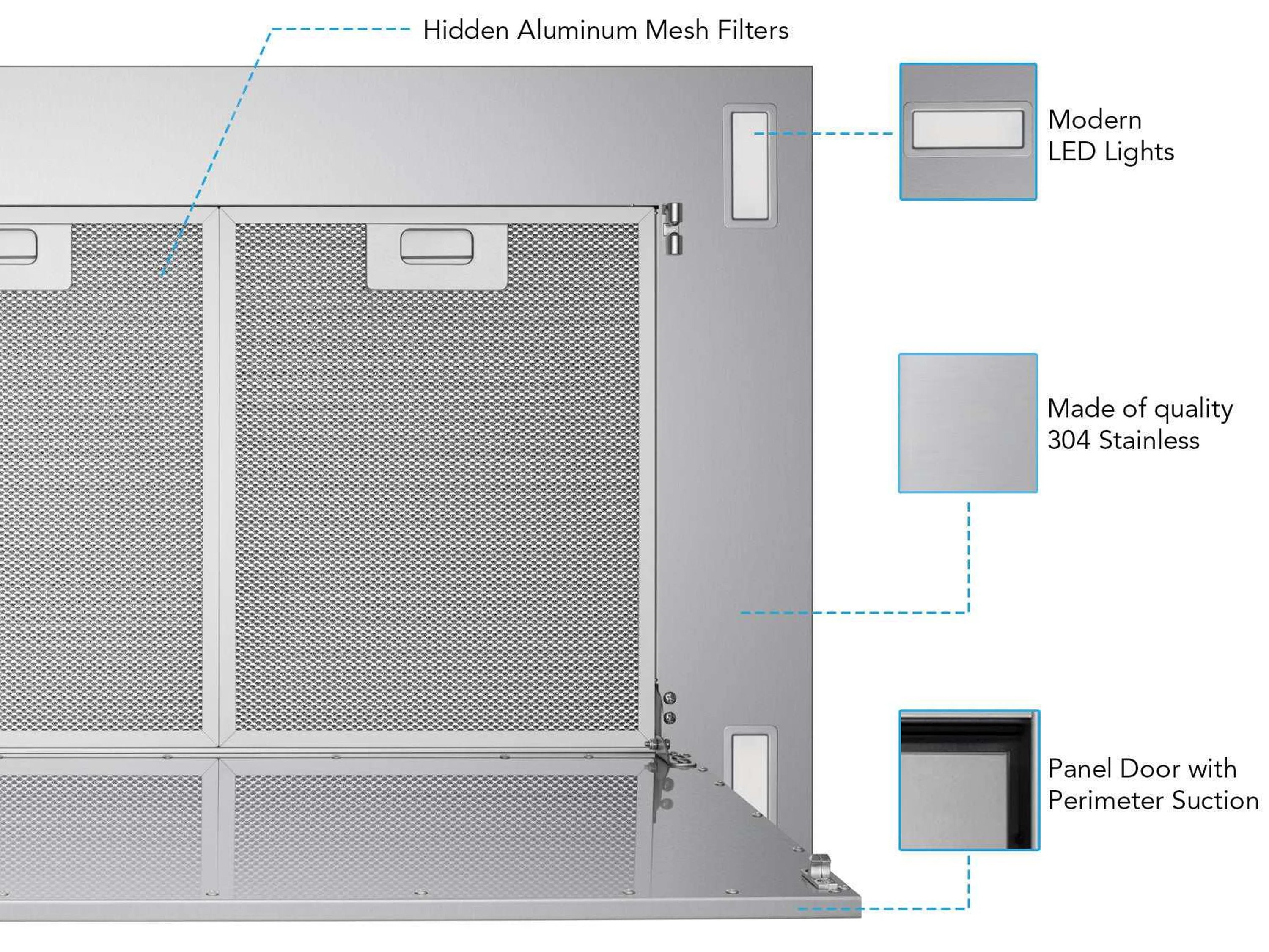 Stainless steel flush ceiling range hood with aluminum mesh filters and access panel