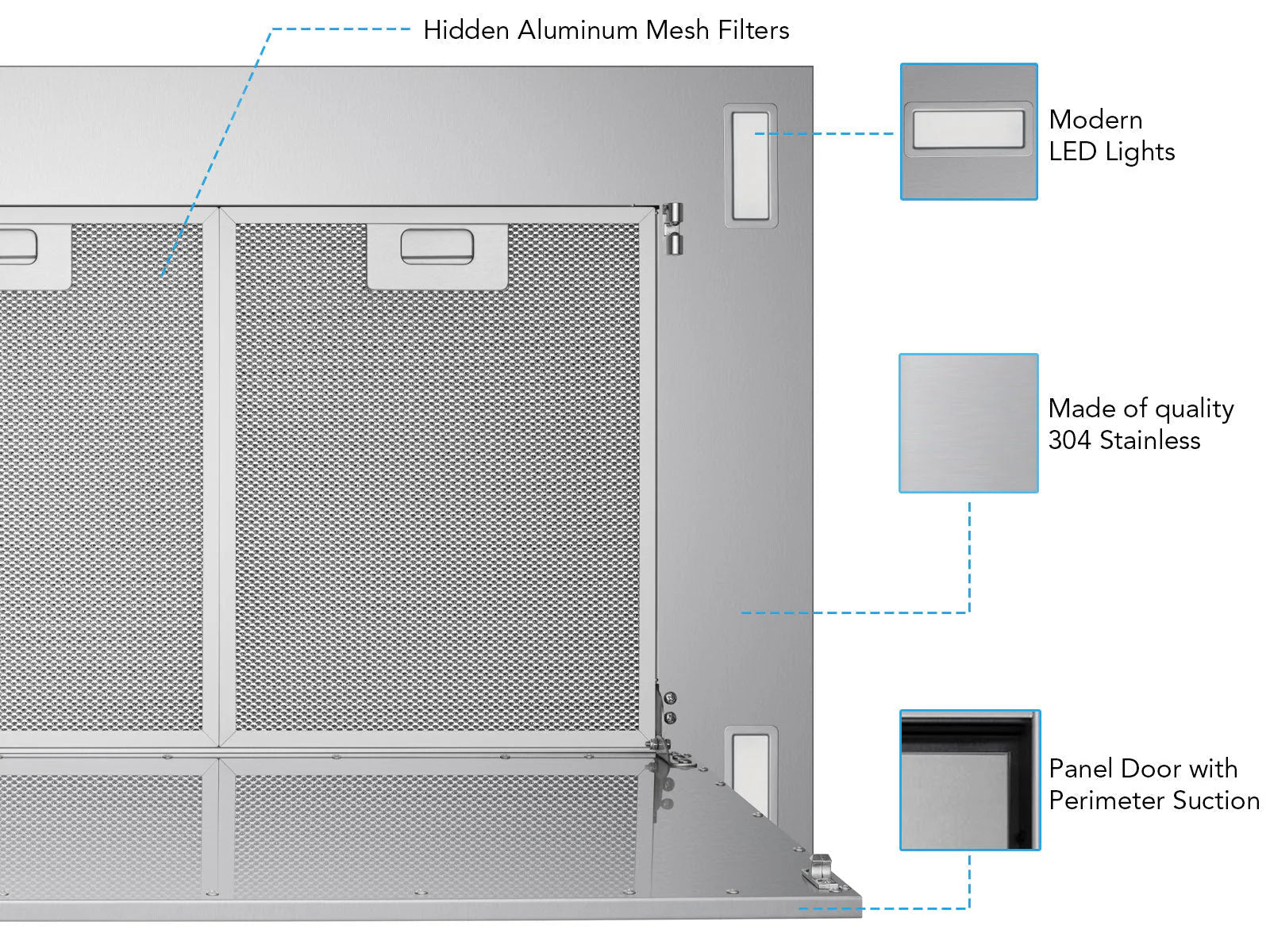 Flush ceiling mount range hood showing hidden aluminum mesh filters and LED lights