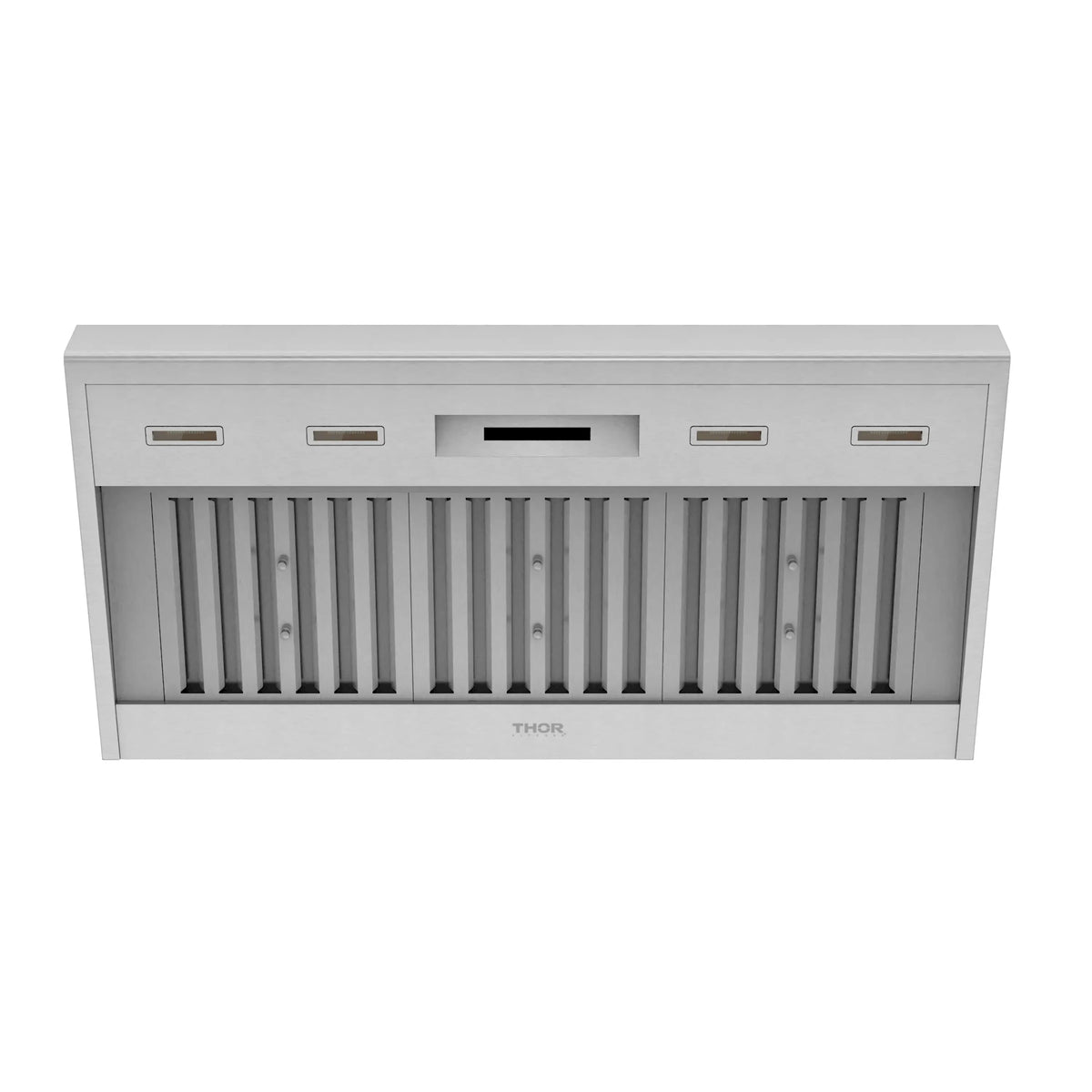 Stainless steel under-cabinet range hood with control buttons and vent slats