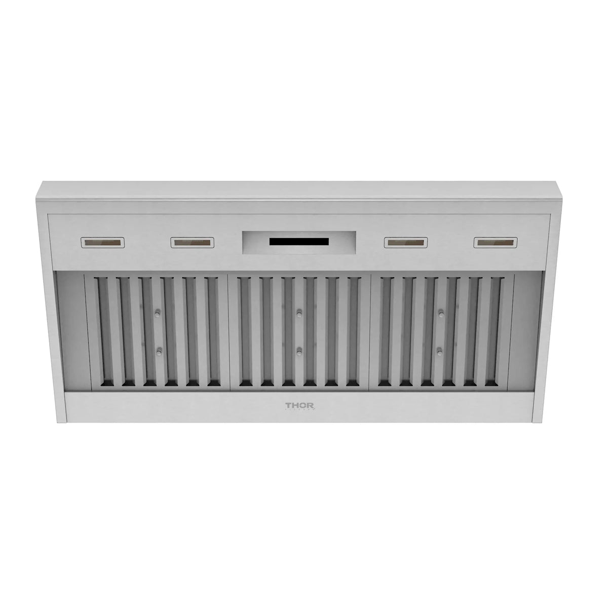 Stainless steel under-cabinet range hood front with control buttons and vent opening