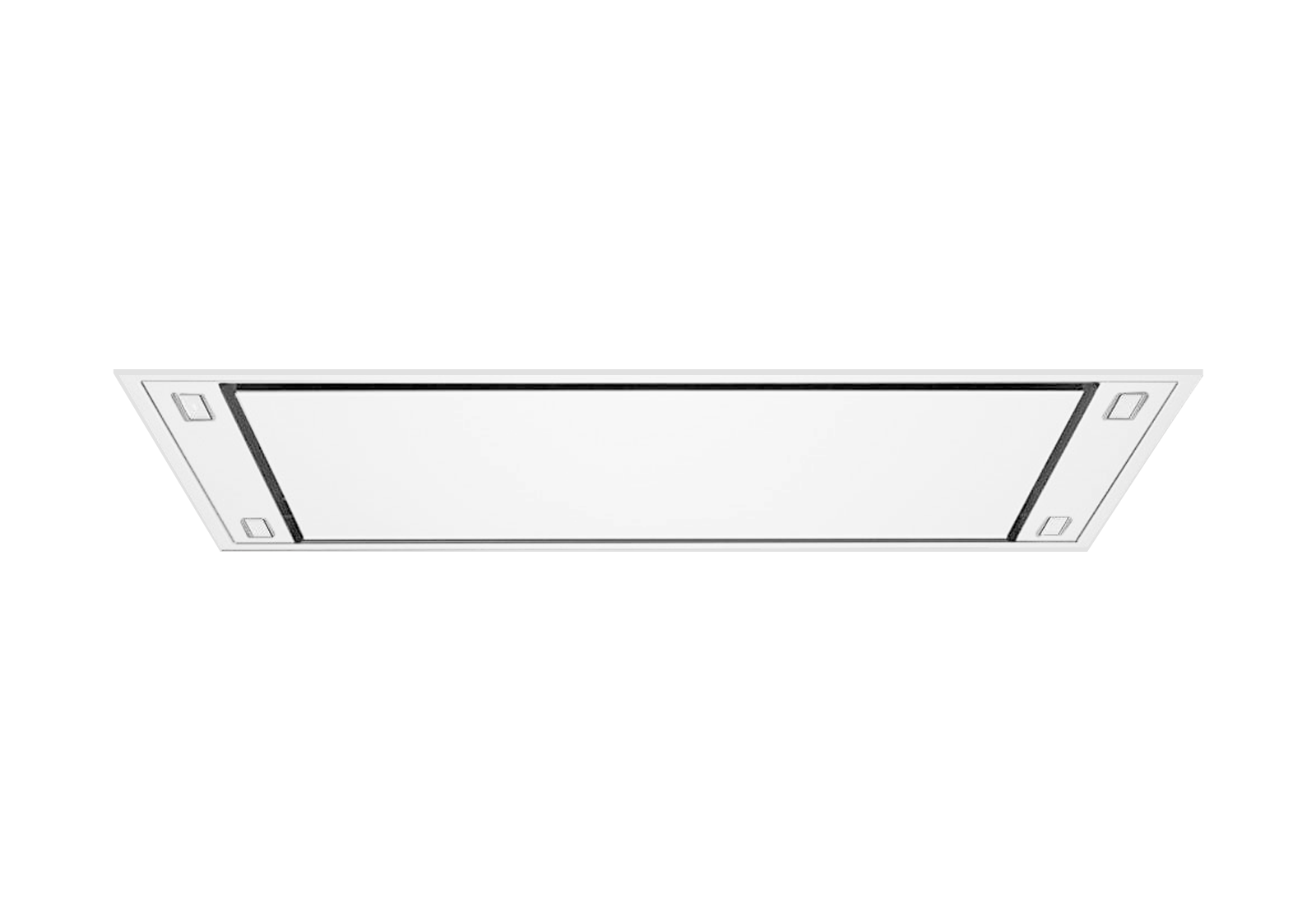 White flush-mount ceiling range hood with rectangular vent filter panel