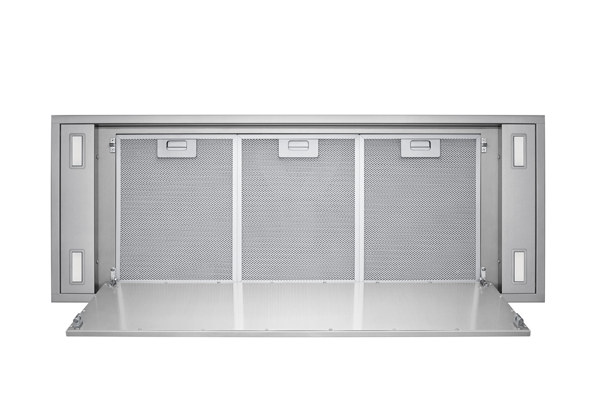 Stainless steel flush ceiling range hood with three removable mesh filter panels