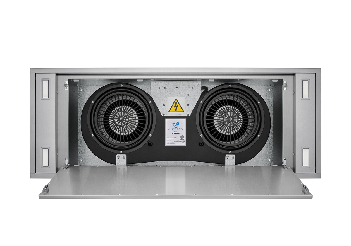 Stainless steel flush ceiling range hood with twin blower fan units exposed