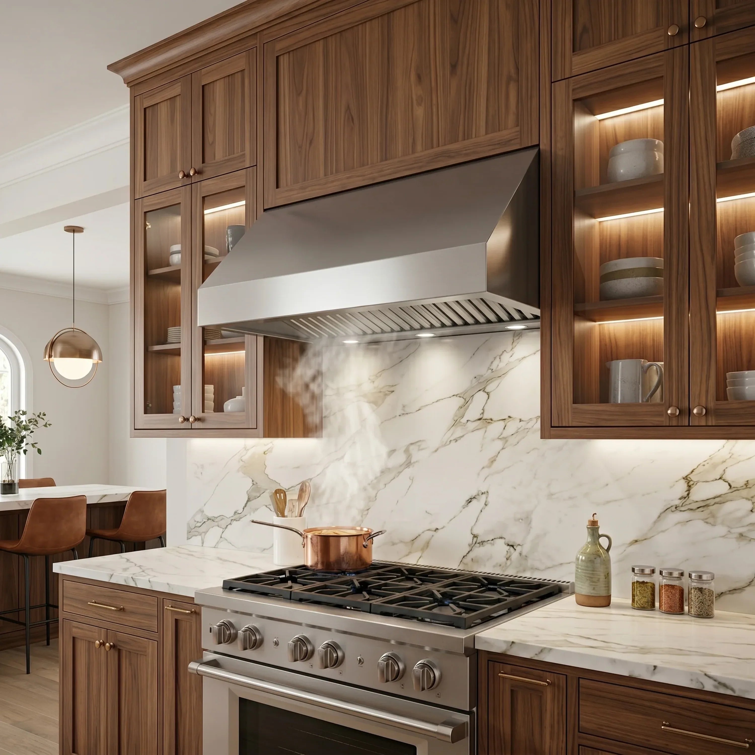 Stainless under-cabinet range hood with vent chimney and baffle filter panels