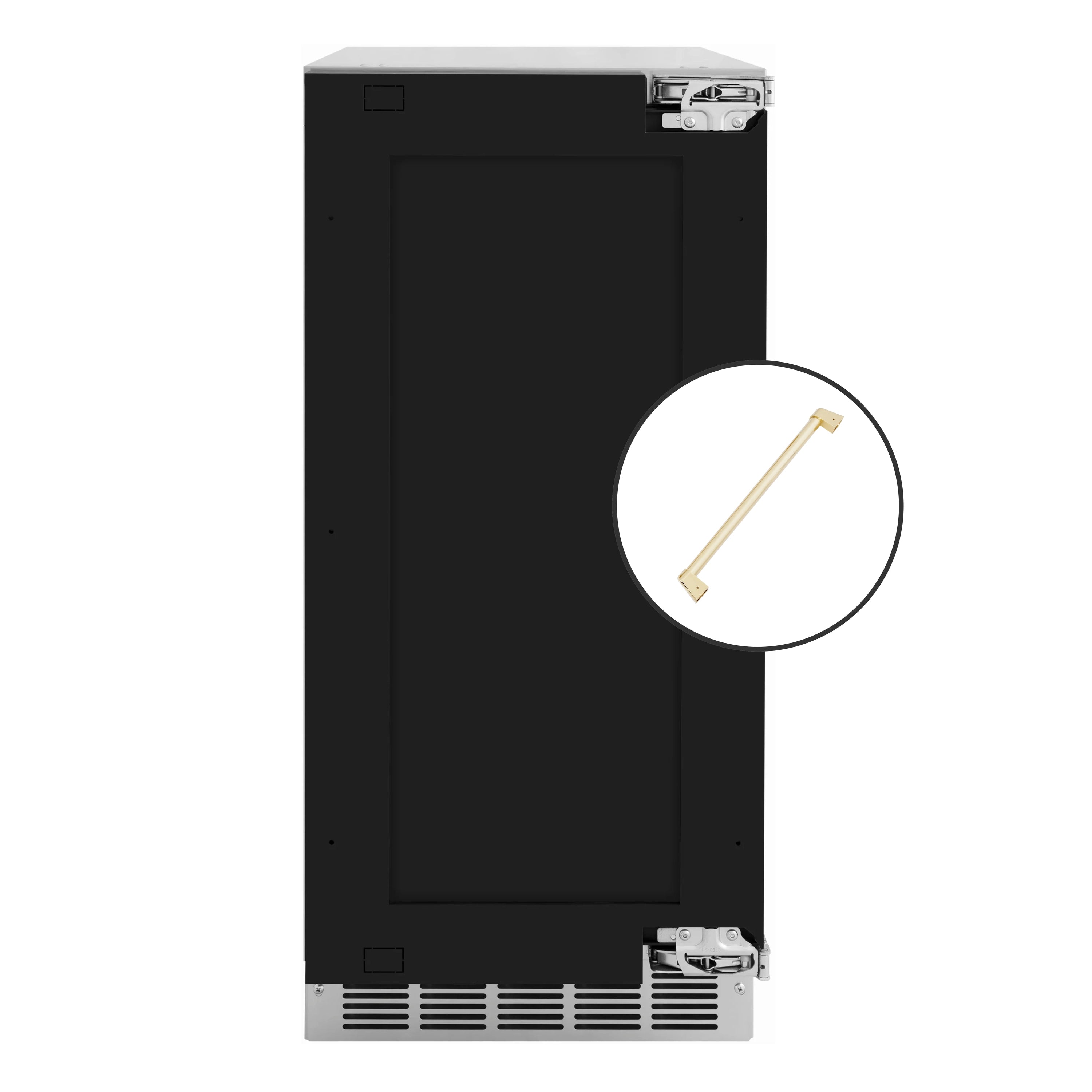 Gourmet ice maker door with included gold handle shown in close-up detail