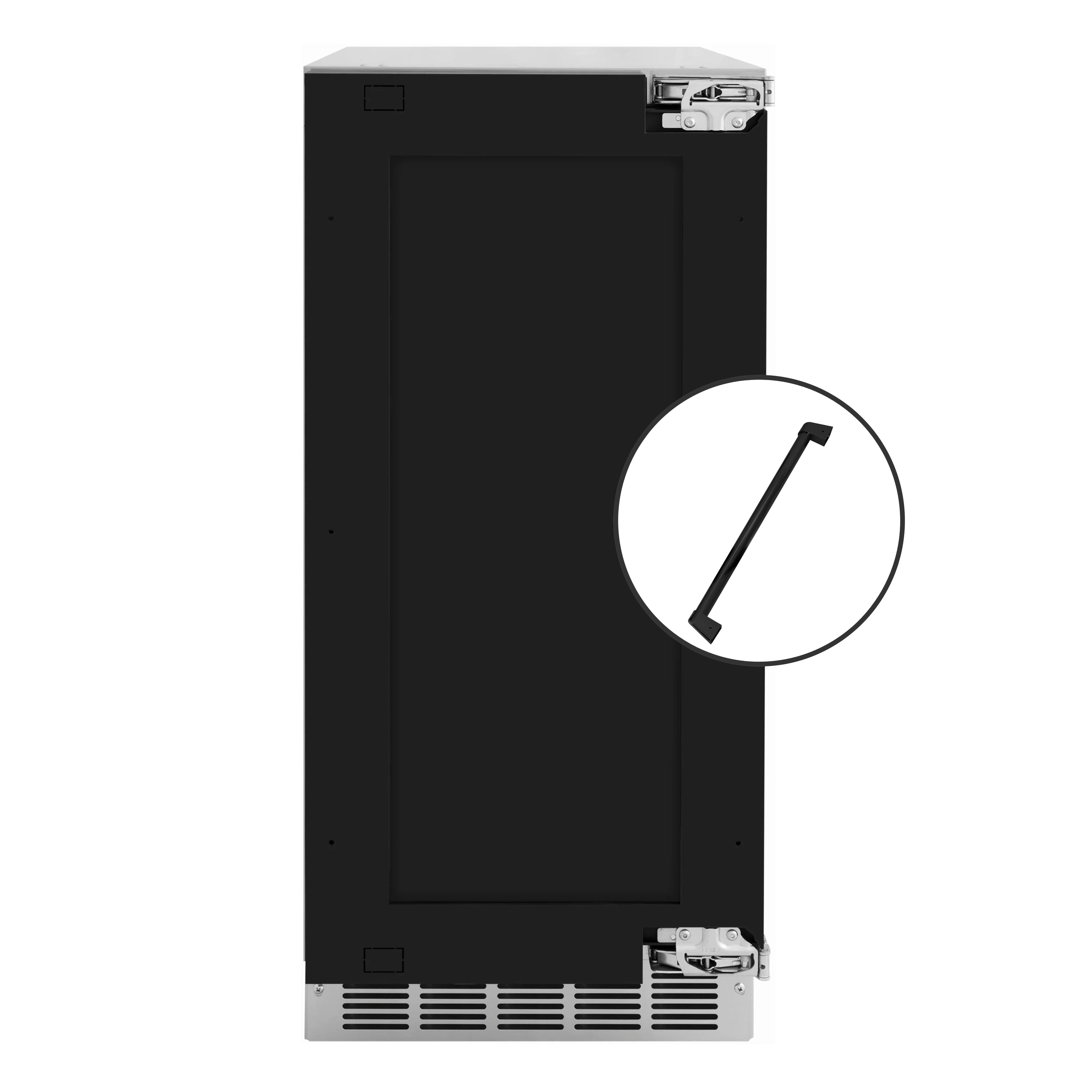Panel-ready ice maker front with black door panel and stainless bottom vent