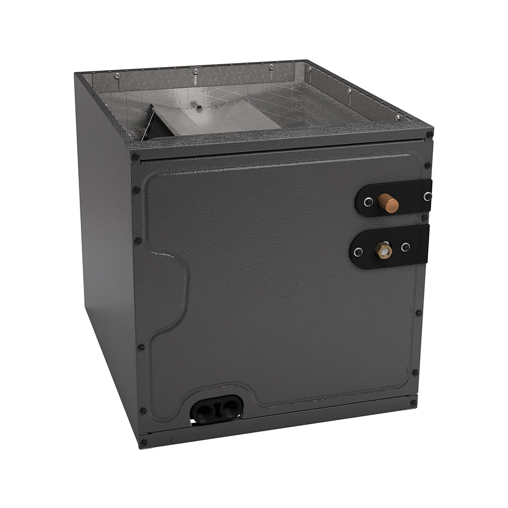 Rectangular HVAC coil with dark metal cabinet and dual service ports.