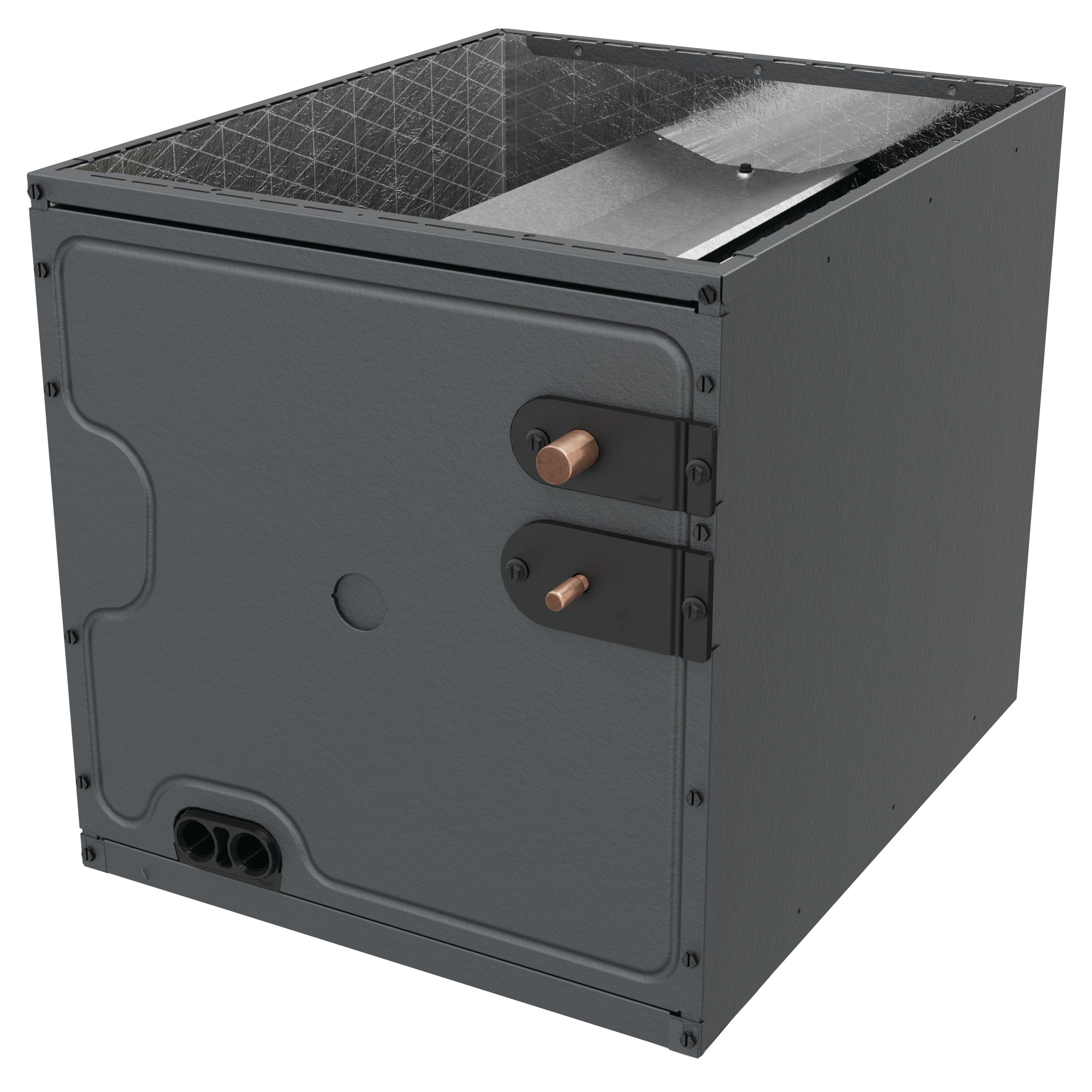Goodman air handler cabinet with copper-tube fittings, dark gray metal