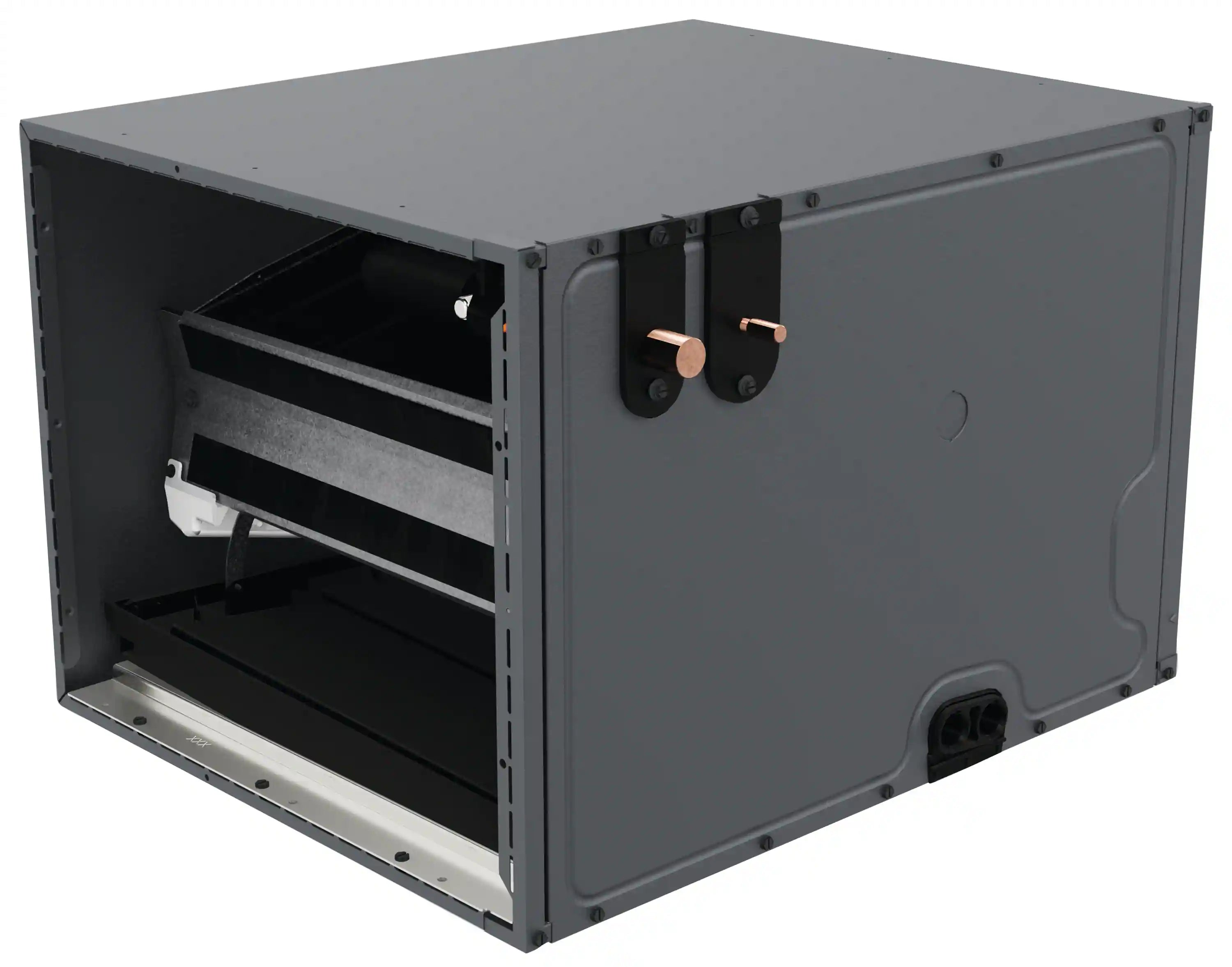 Goodman AlumaFin7™ HVAC coil in gray metal cabinet with exposed fins and wiring.