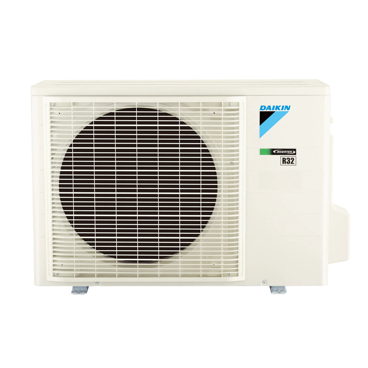 Daikin ductless mini split outdoor unit, white casing with R32 refrigerant label