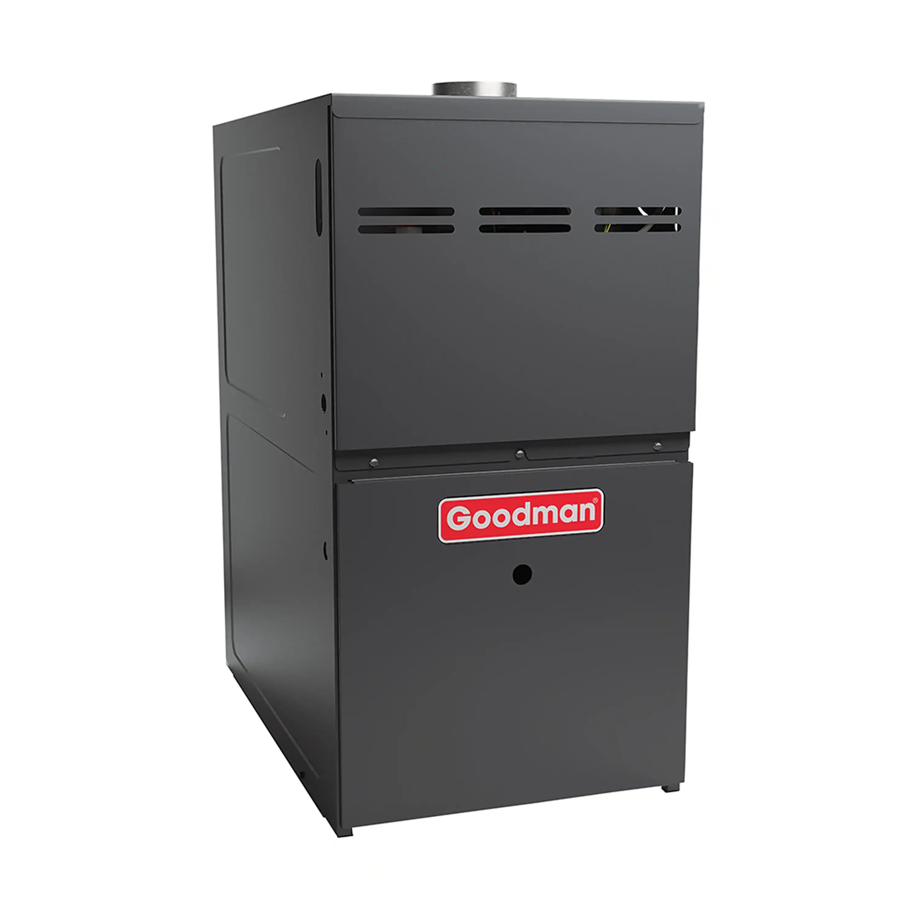 Goodman gas furnace cabinet with vent openings and front Goodman logo