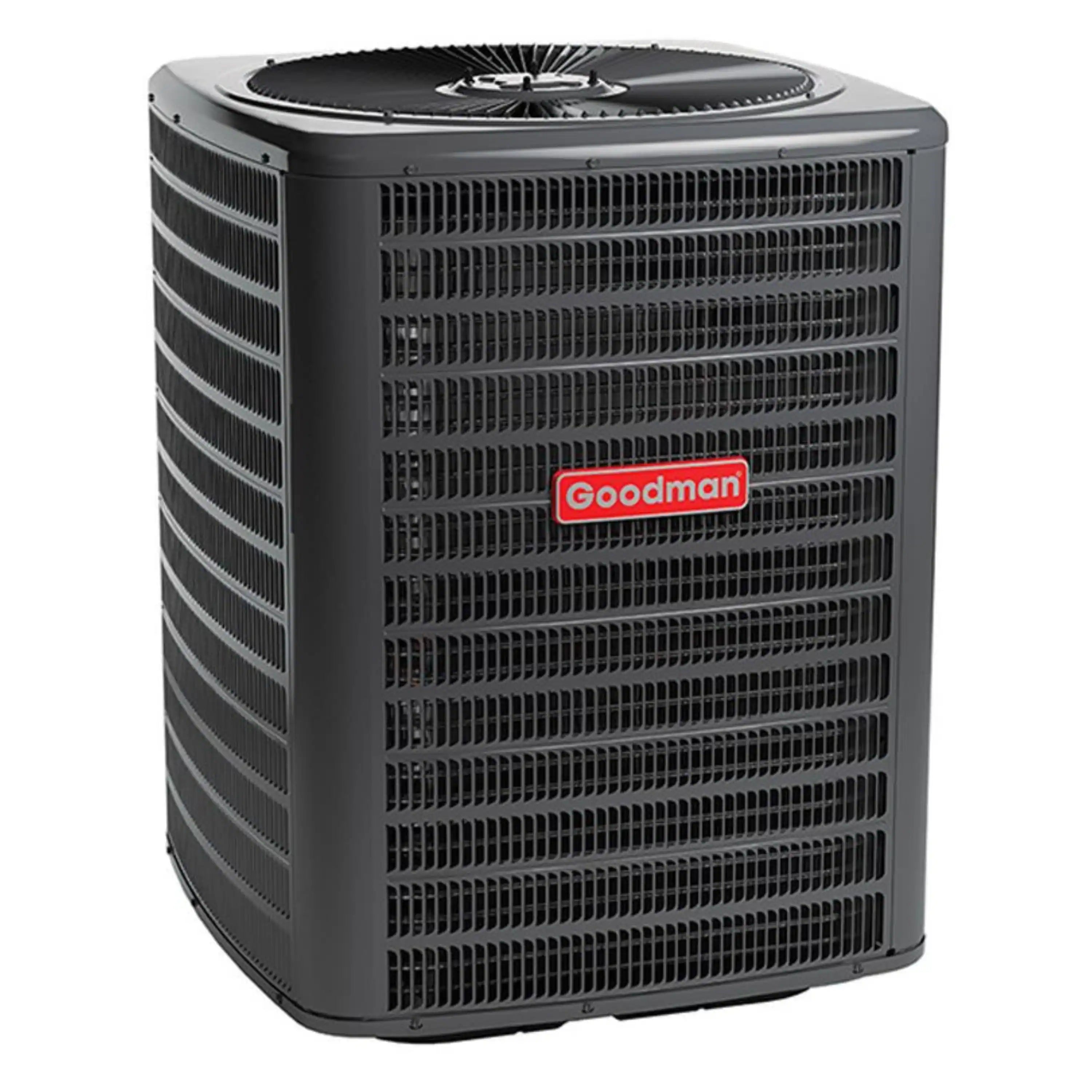 Goodman outdoor air conditioner condenser, black metal casing with fan grille