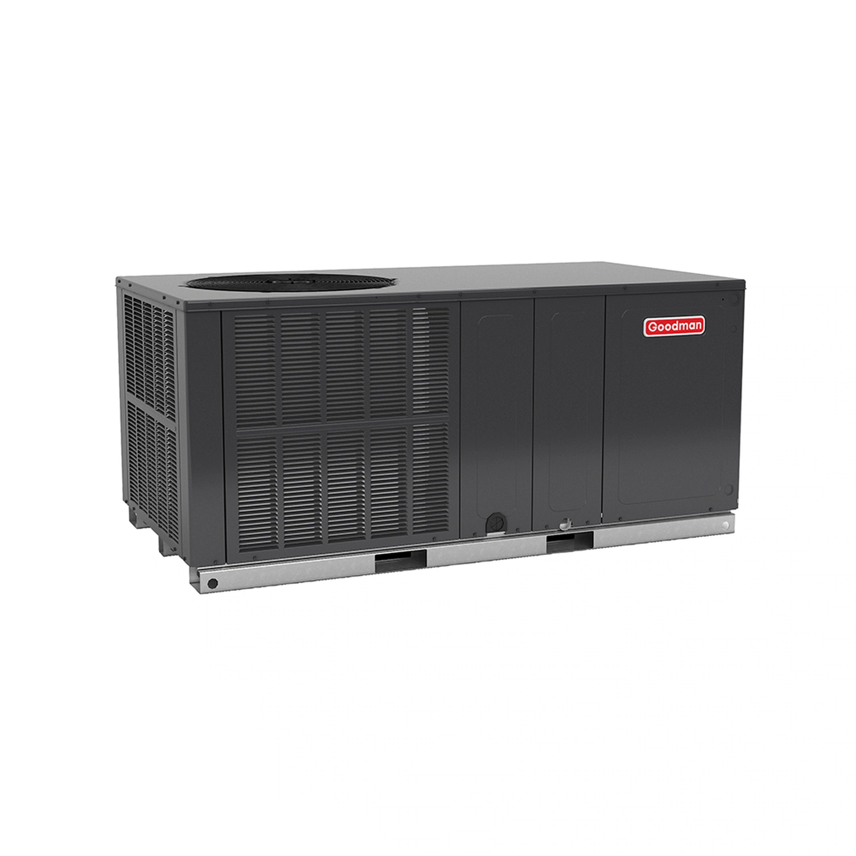 Goodman packaged air conditioner with louvered panels and top vent, dark gray outdoor unit