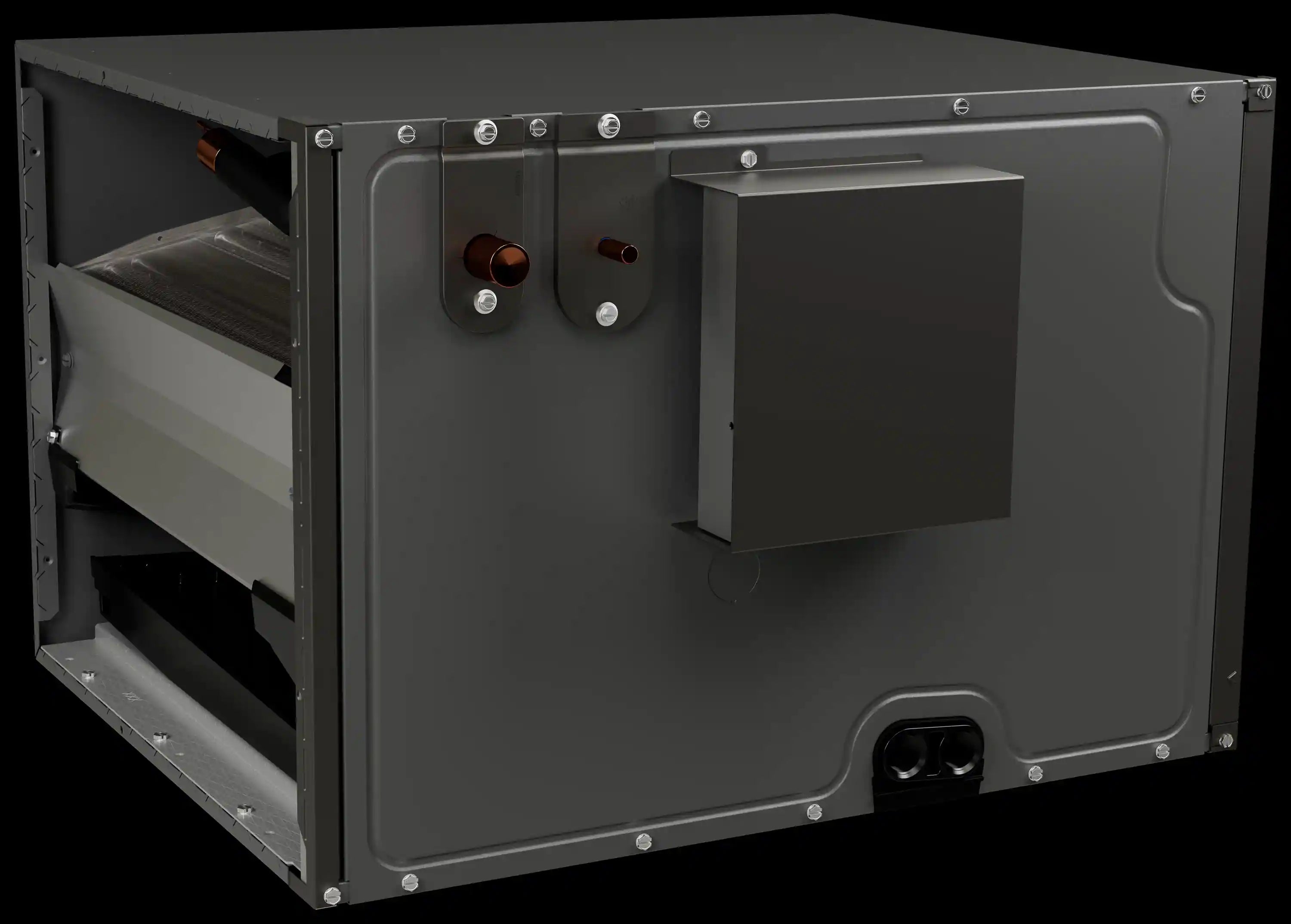 Gray Goodman HVAC coil unit with side access panels and electrical connection ports