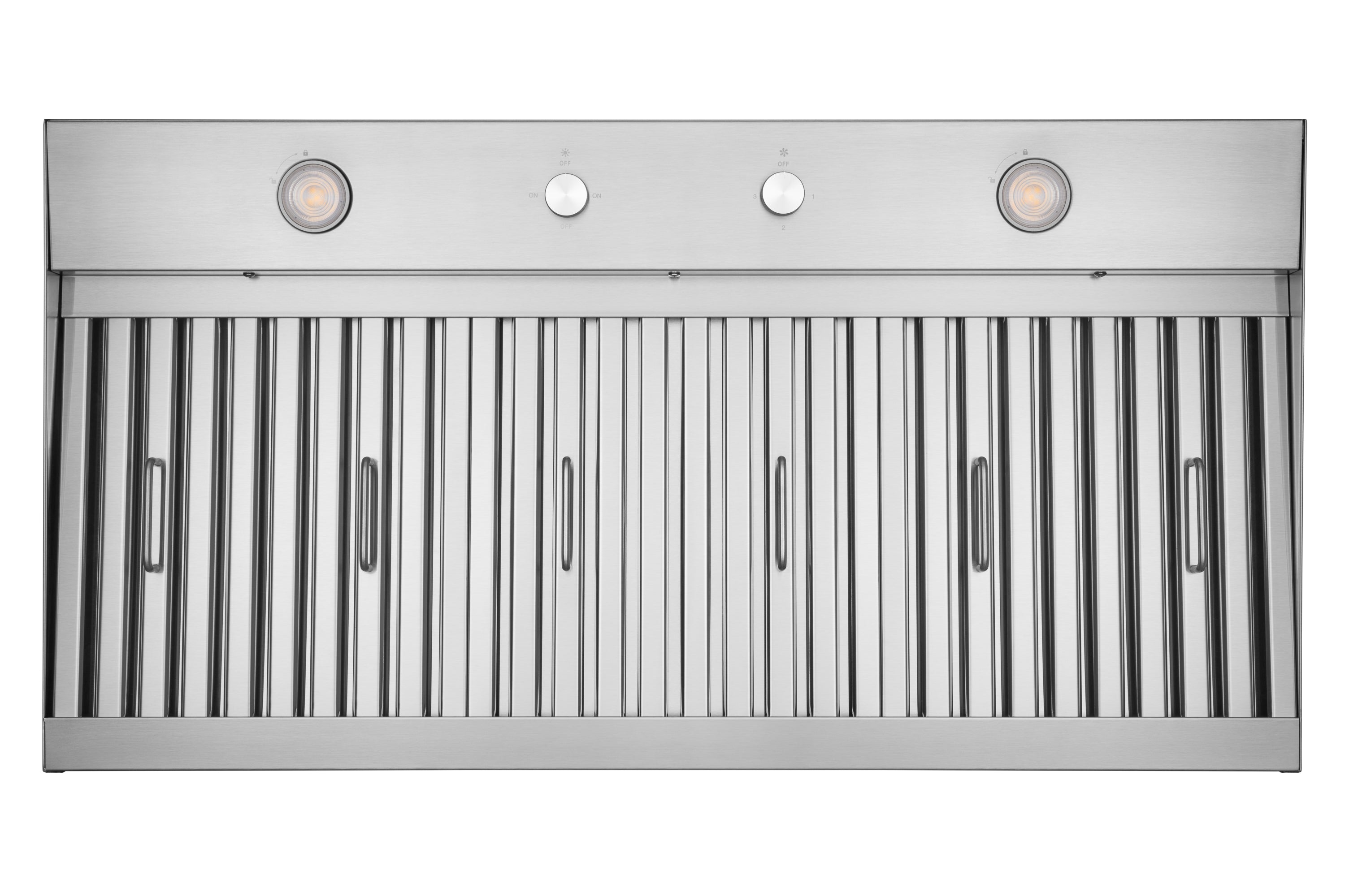 Stainless steel built-in range hood front with vent grille and circular indicator lights.