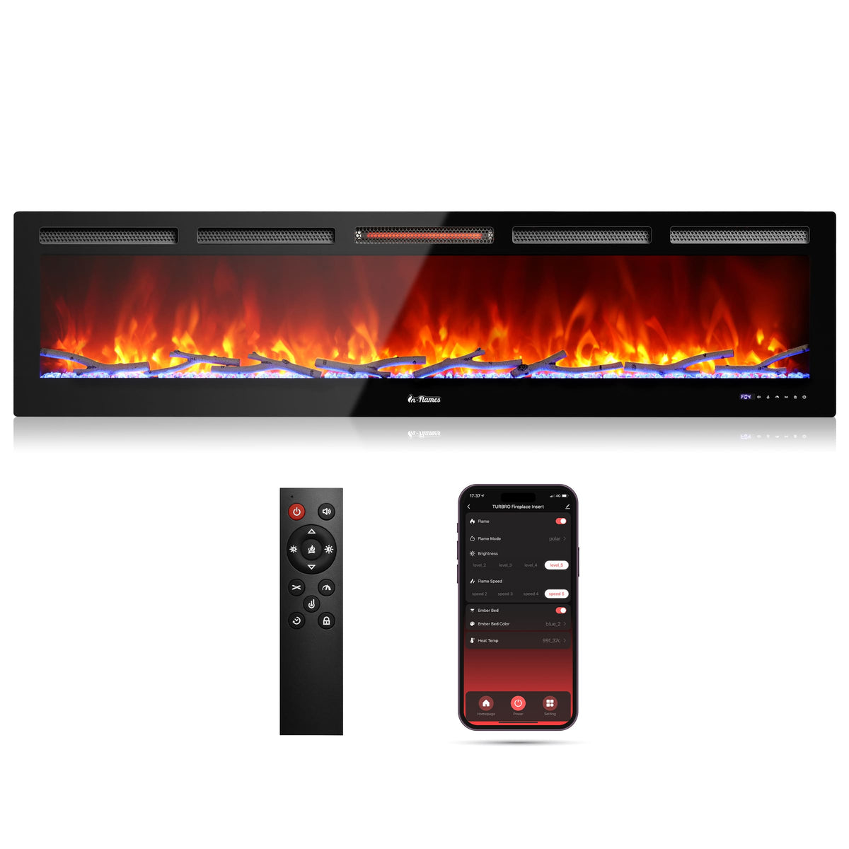 Wall-mounted electric fireplace with tempered glass, black frame, flame LED display