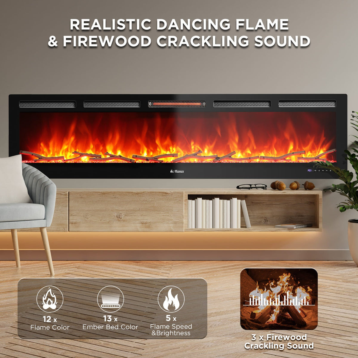 Wall-mounted electric fireplace with tempered glass, black frame, remote and smartphone app