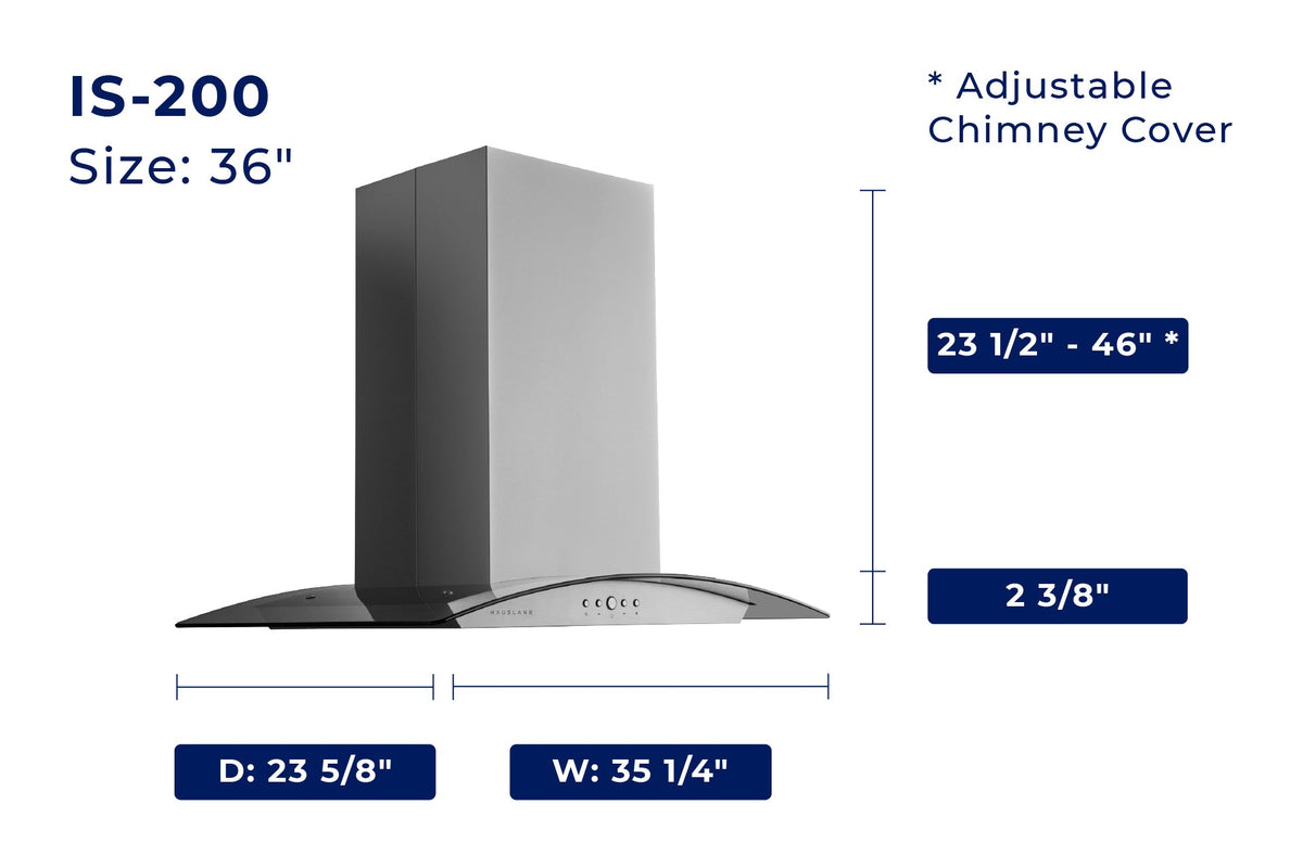 IS-200 convertible island range hood: 36 in chimney cover, 35 1/4 in hood width