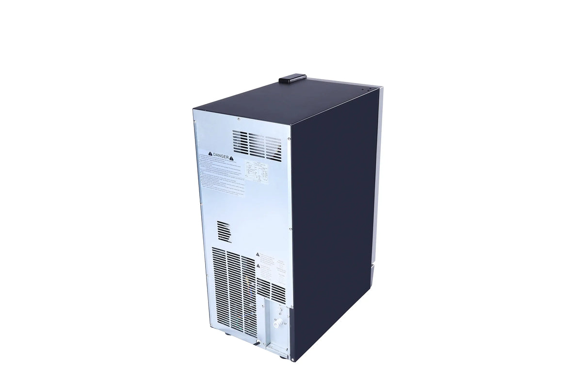 Stainless steel ice maker cabinet with rear vents and side access handle