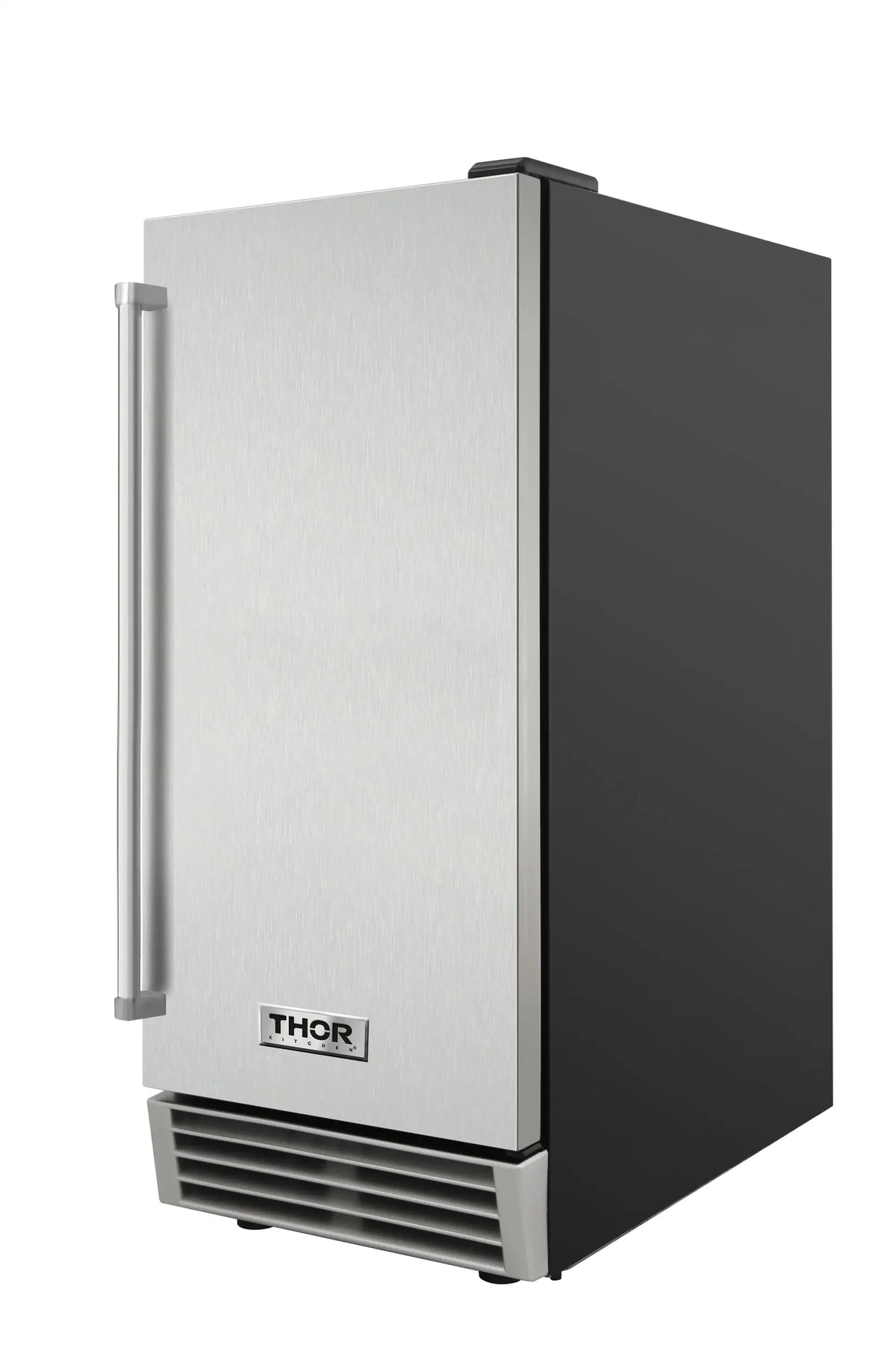 Stainless steel built-in ice maker with top cover, side handle, and front ventilation vents