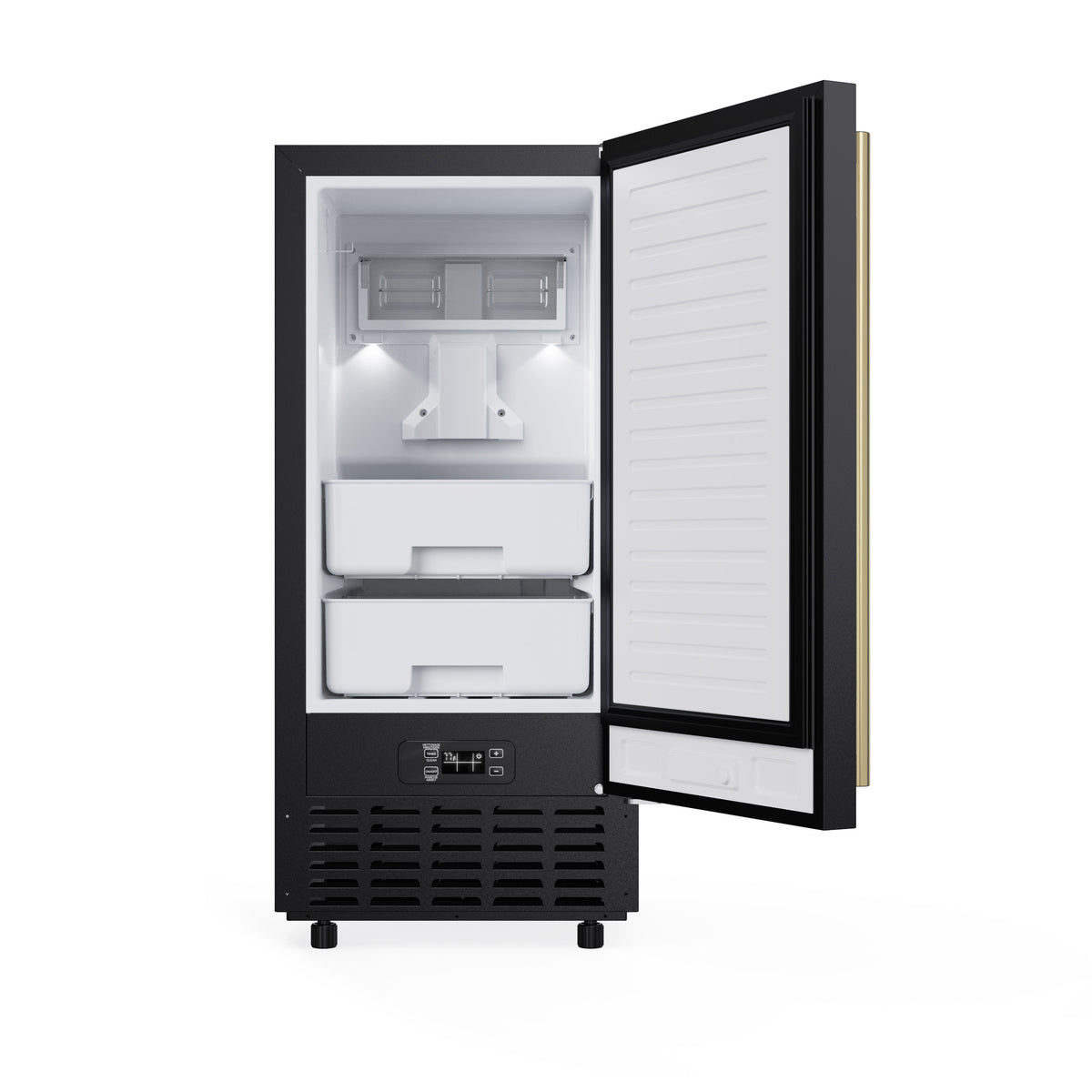 Black nugget ice maker with door open showing interior ice storage drawers