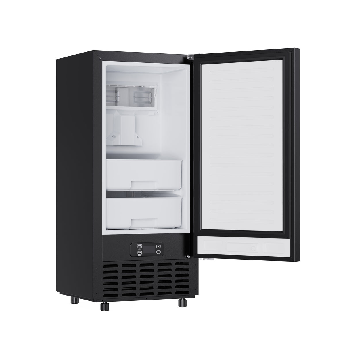 Black ice maker at a left angle with the door open