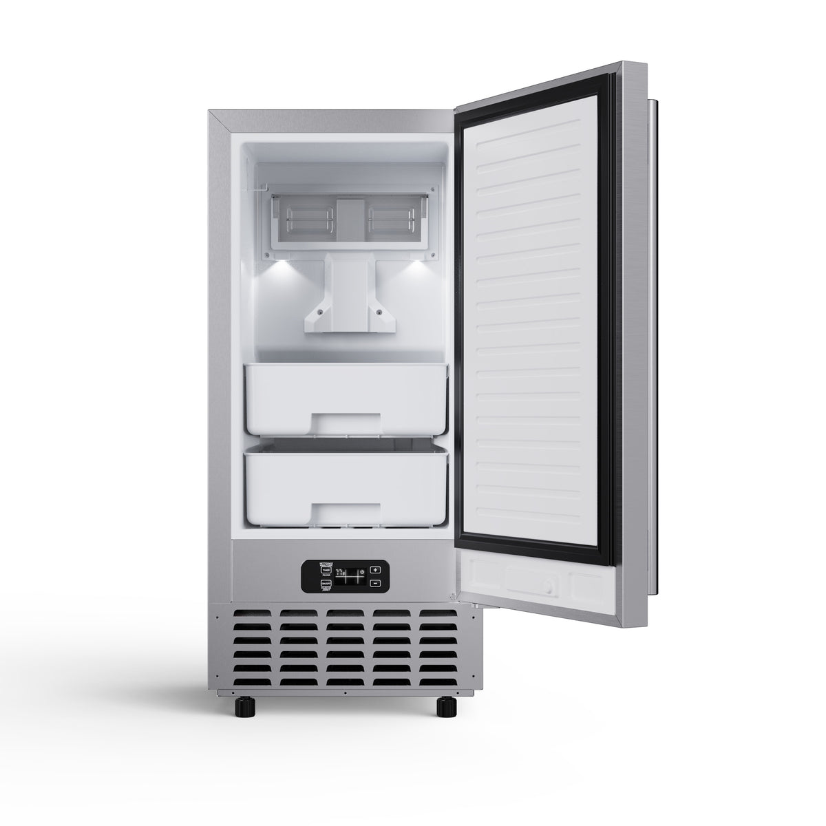 Stainless steel nugget ice maker with door open showing ice storage drawers