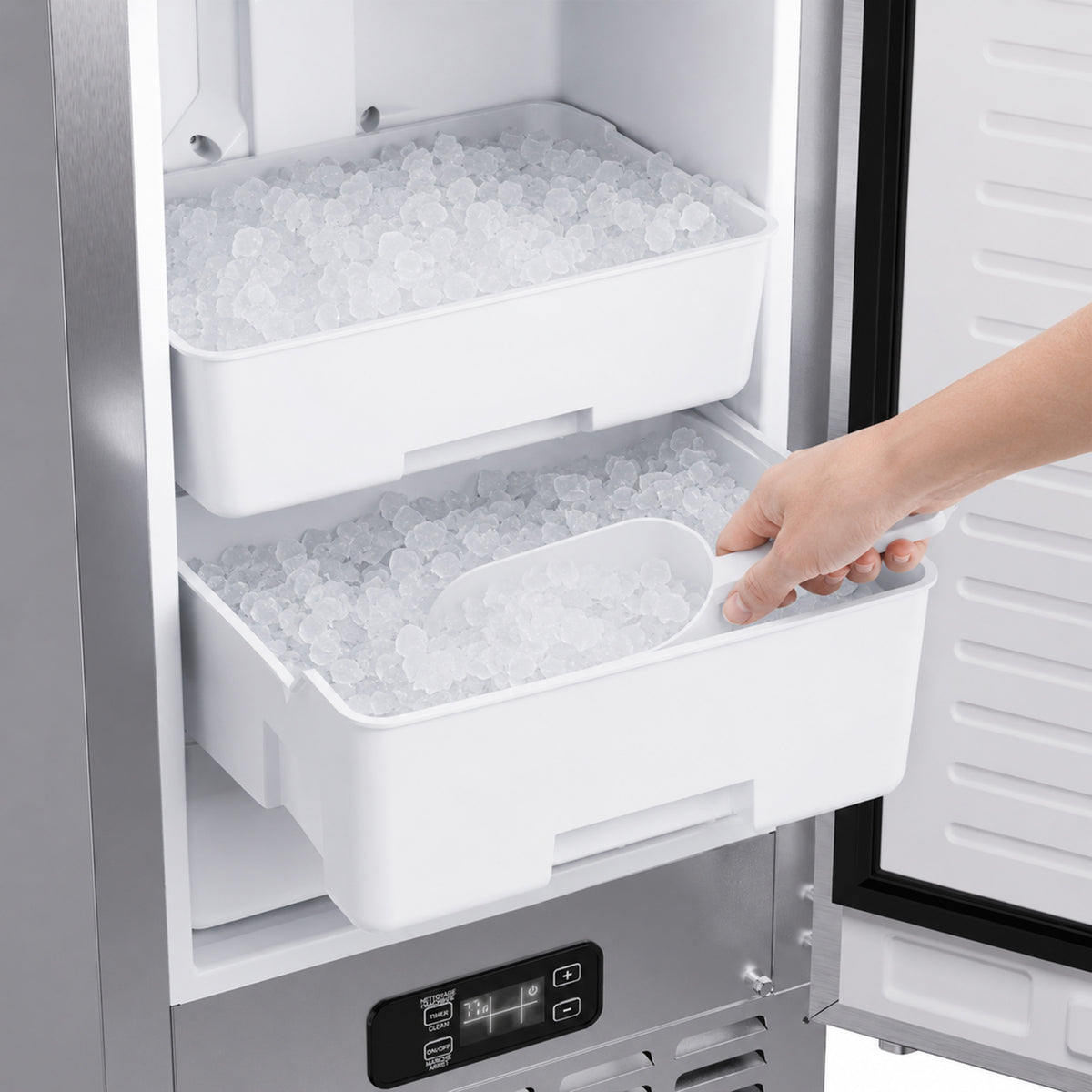 Close-up of soft chewable nugget ice produced by the Cristallo ice maker